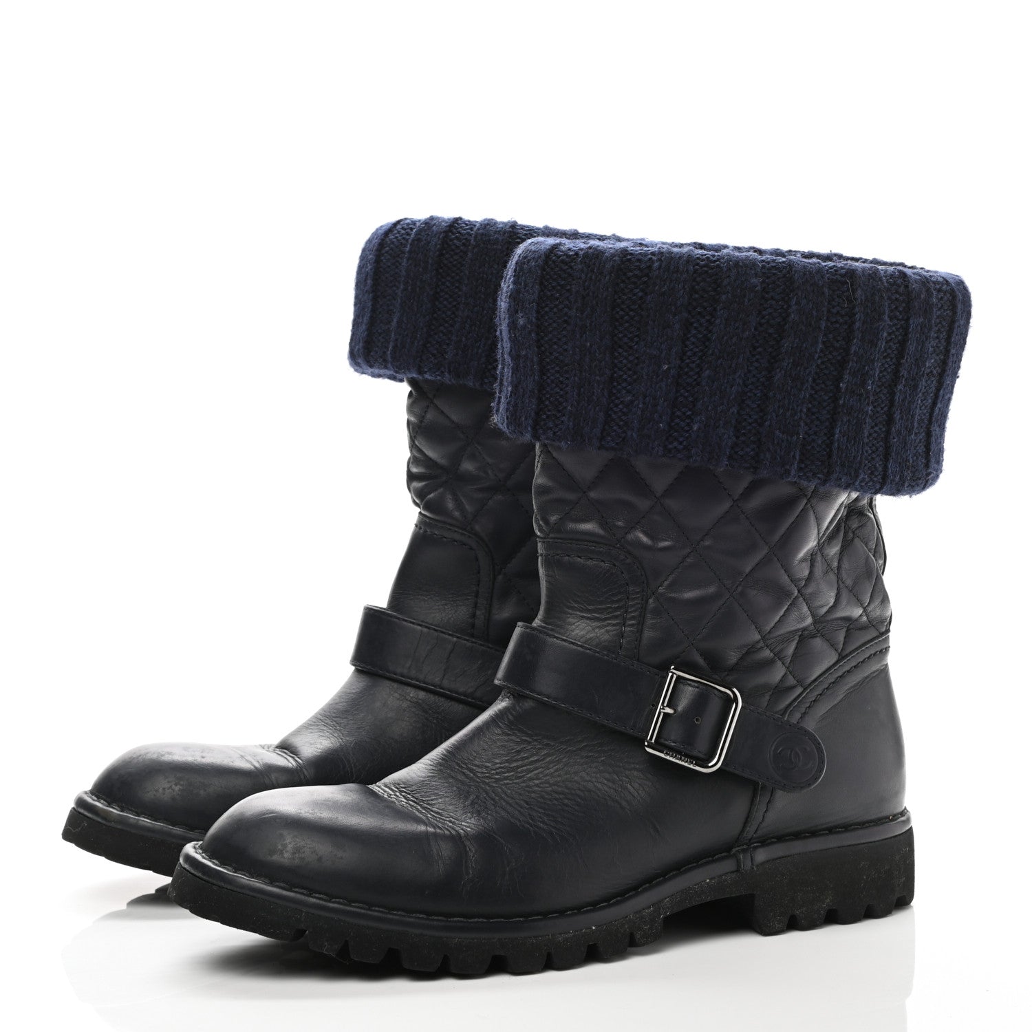 Chanel Knit Calfskin Quilted Short Biker Boots 40 Navy 3 of 8