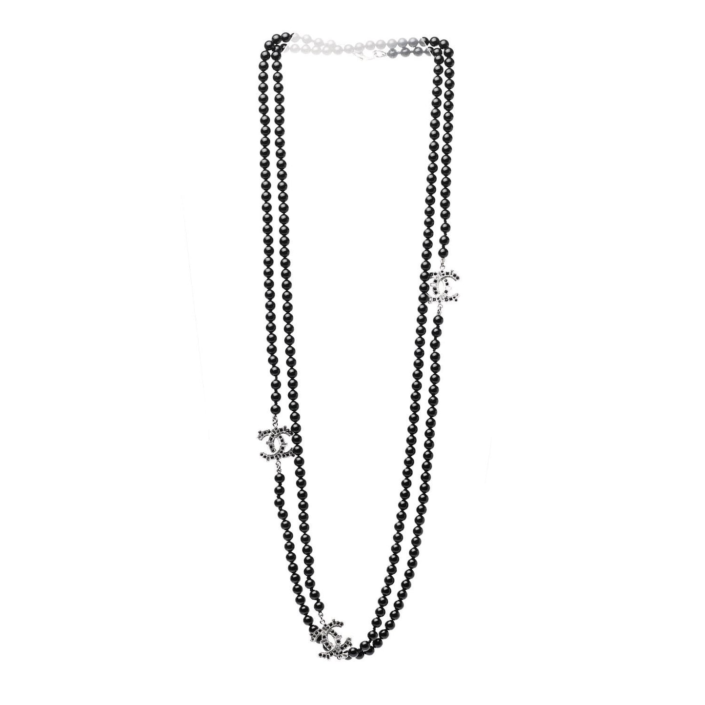 Baguette Crystal Beaded CC Long Necklace Black Silver