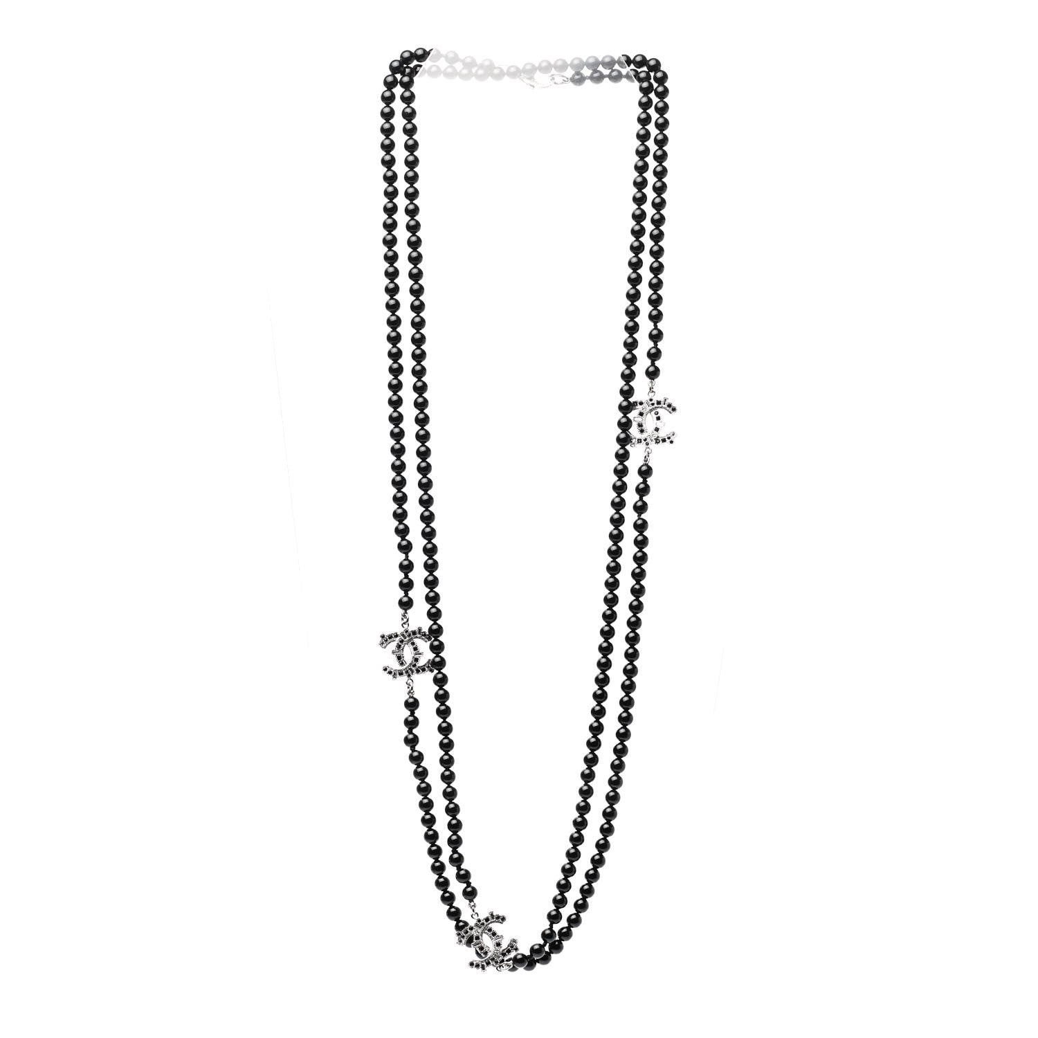 Chanel Baguette Crystal Beaded CC Long Necklace Black Silver 3 of 5