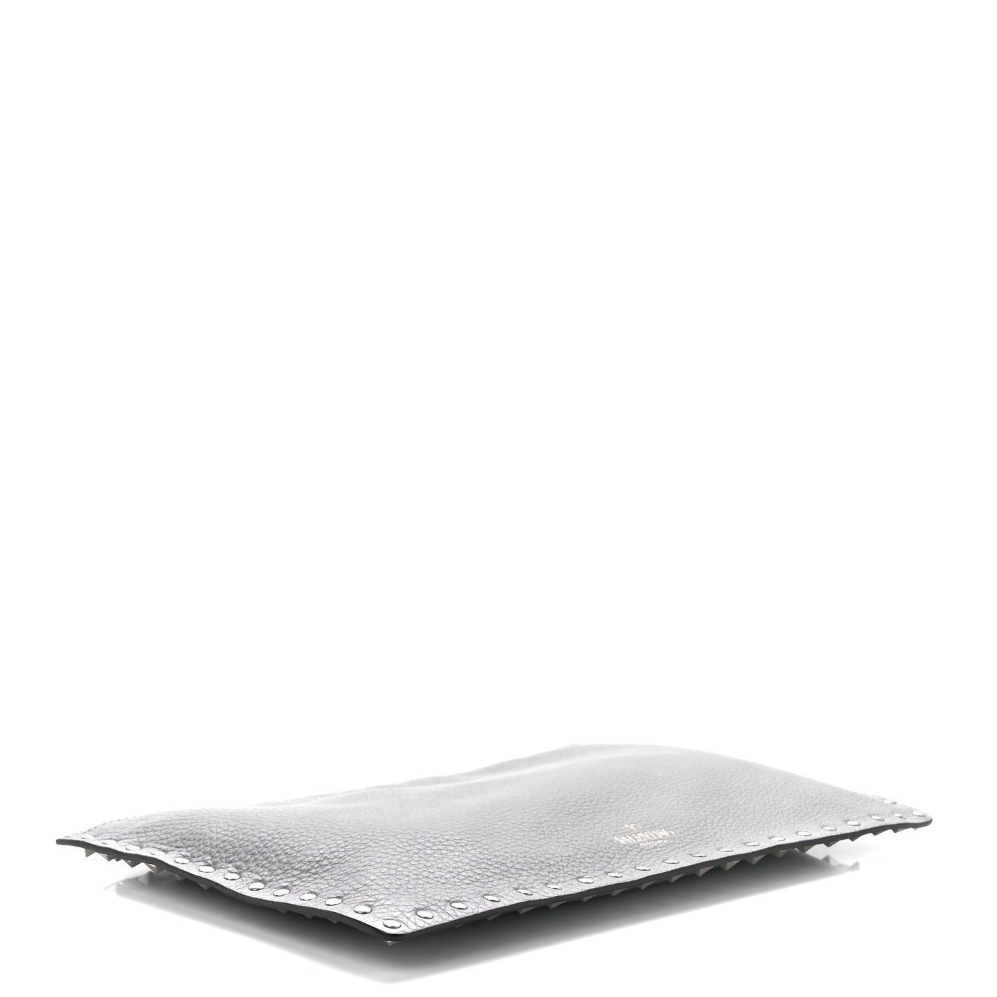 Pebbled Calfskin Large Rockstud Zip Pouch Pastel Grey