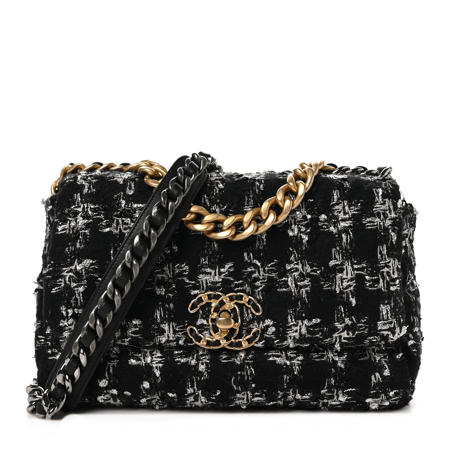 Tweed Quilted Medium Chanel 19 Flap Black Silver Ecru