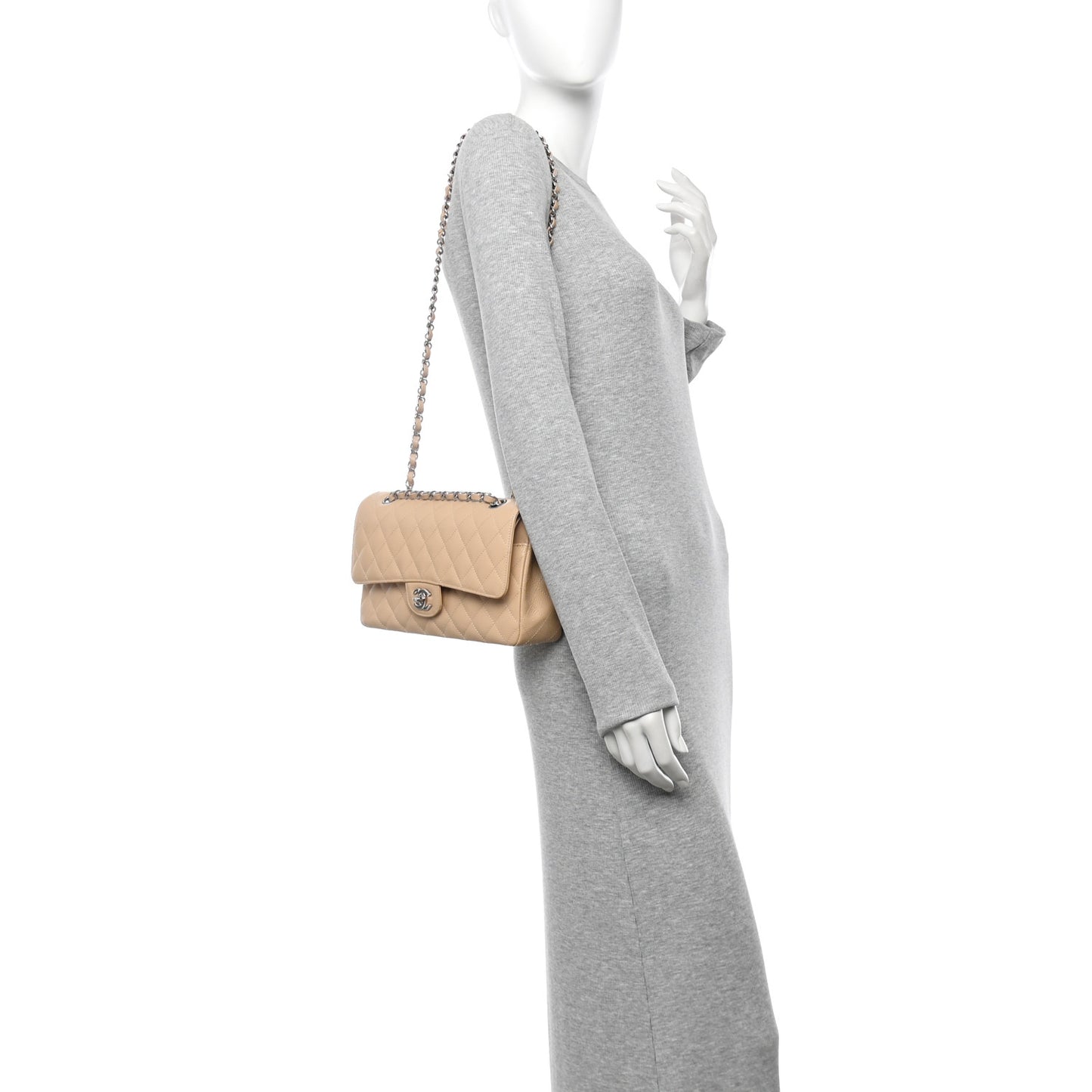 Caviar Quilted Medium Double Flap Beige