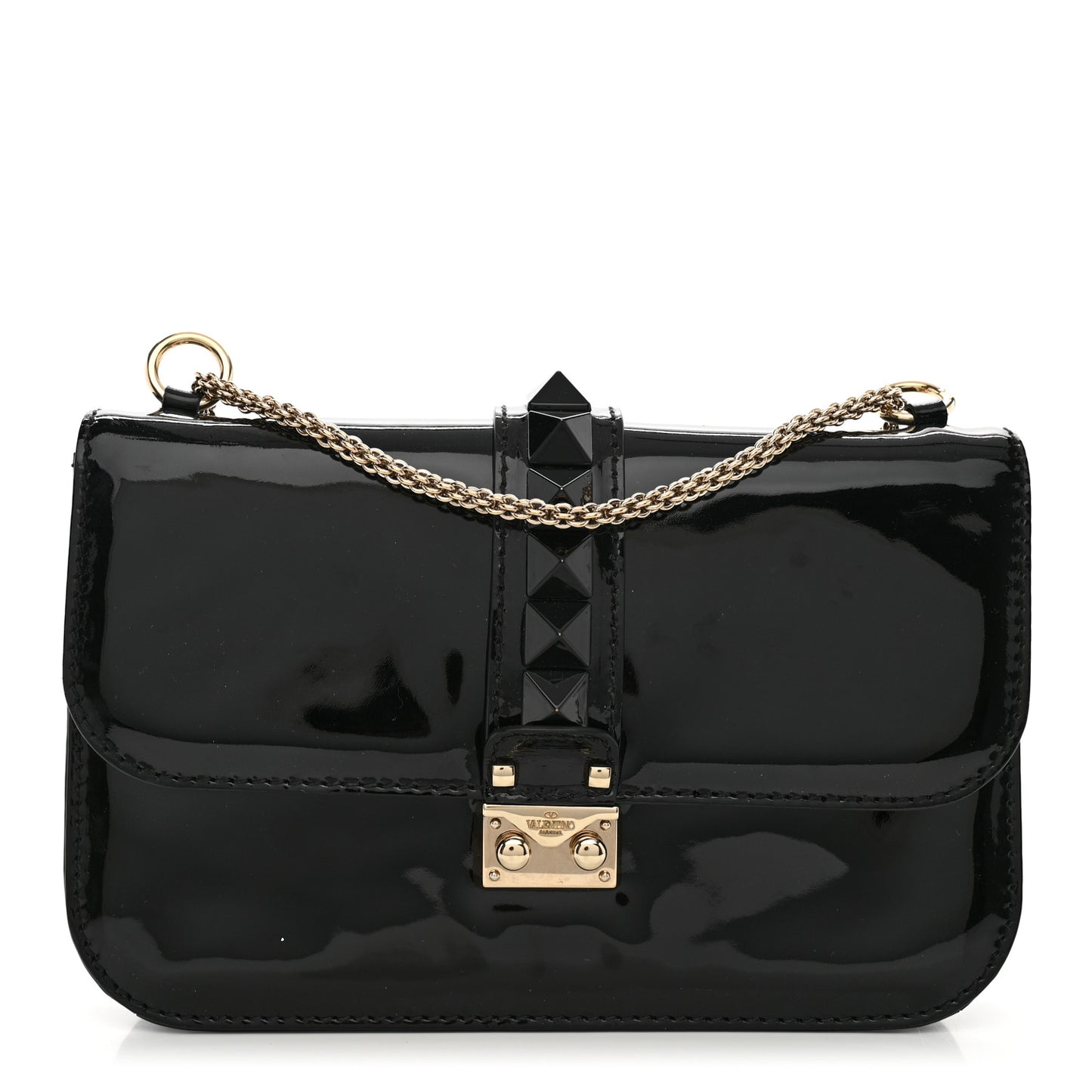 Patent Monochrome Medium Glam Lock Rockstud Flap Black
