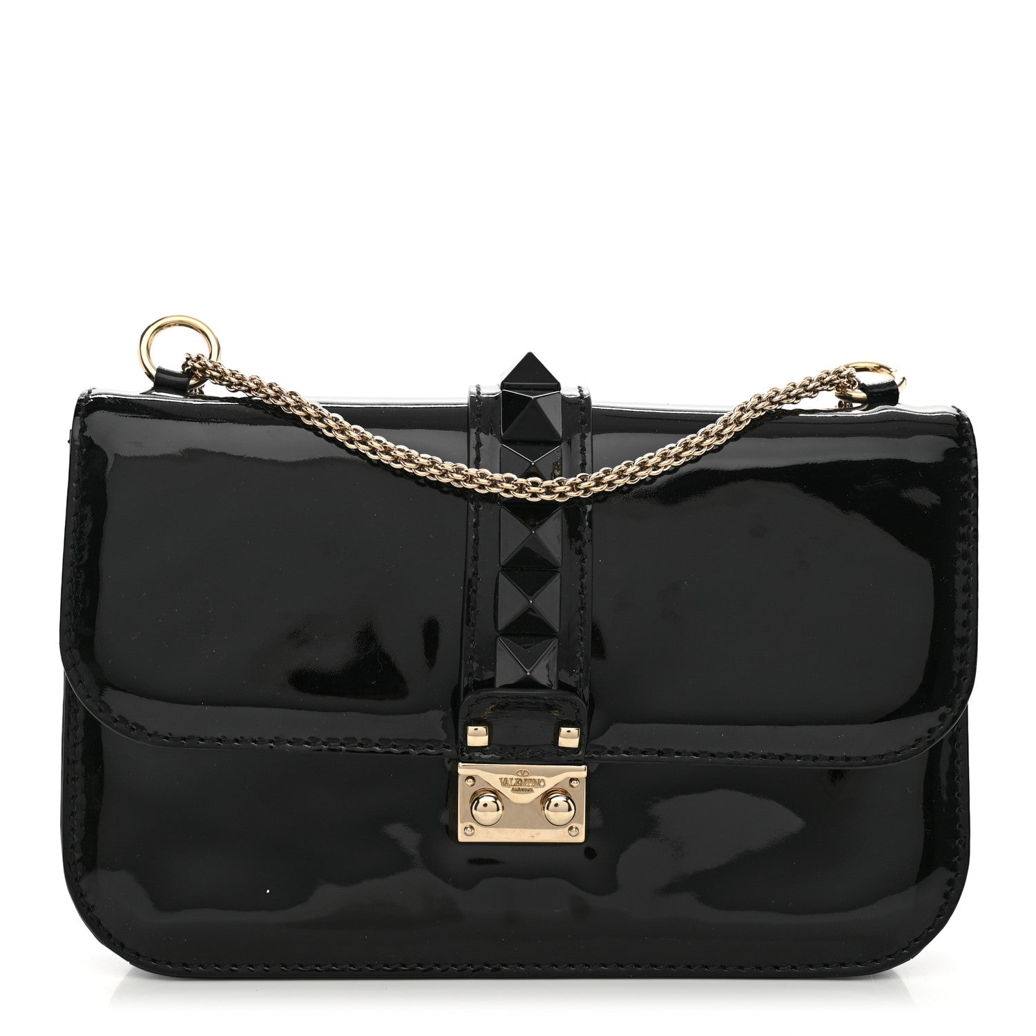 Valentino Garavani Patent Monochrome Medium Glam Lock Rockstud Flap Black 1 of 11