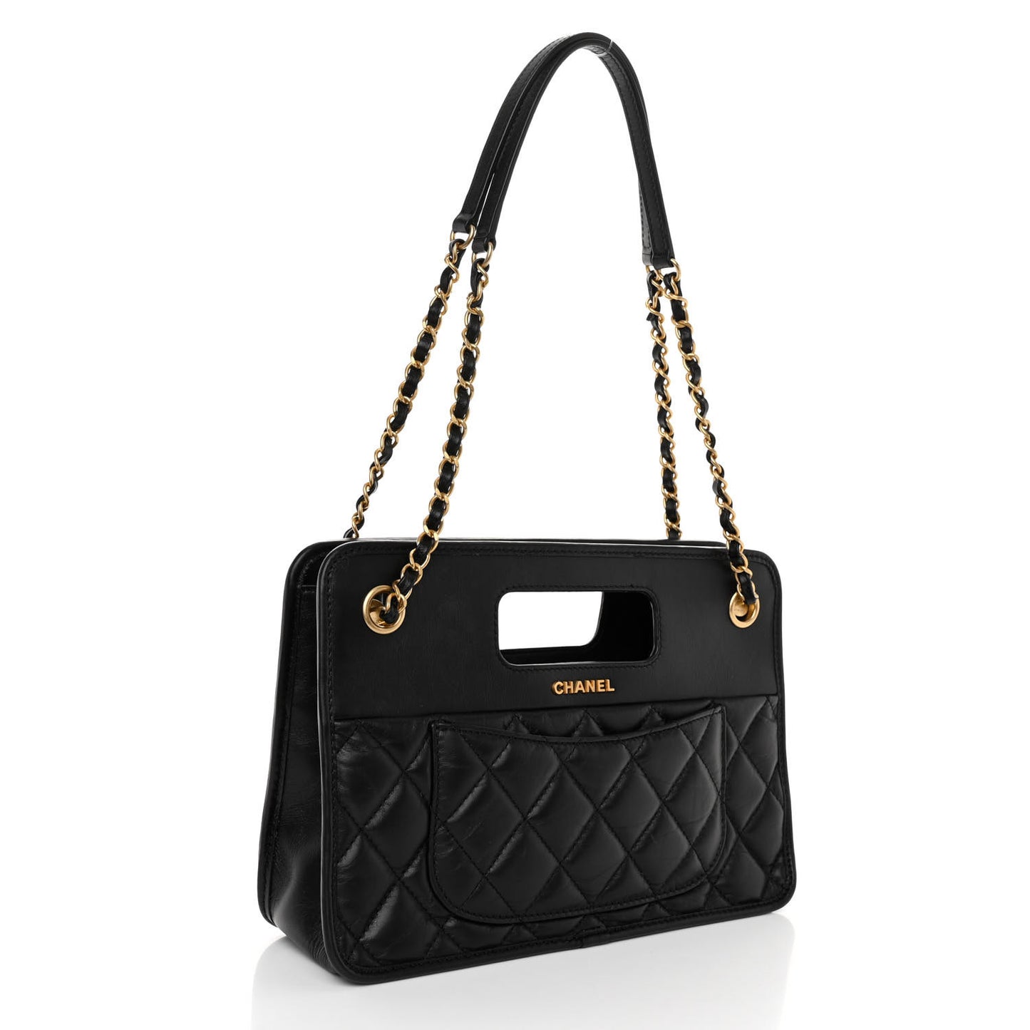 Aged Calfskin Quilted Small Graphic Catch Shopping Bag Black