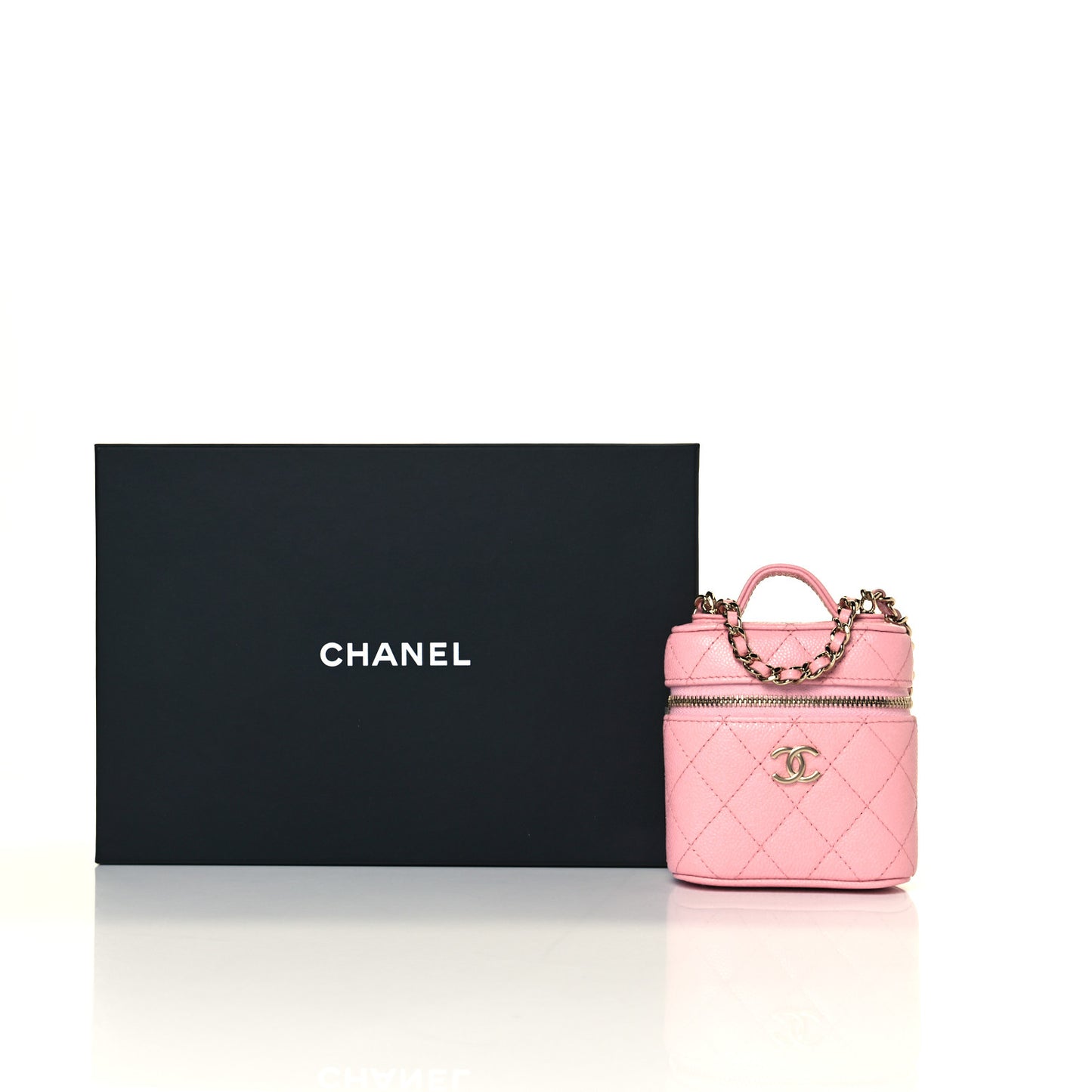Caviar Quilted Small Handle With Care Vanity Case With Chain Pink