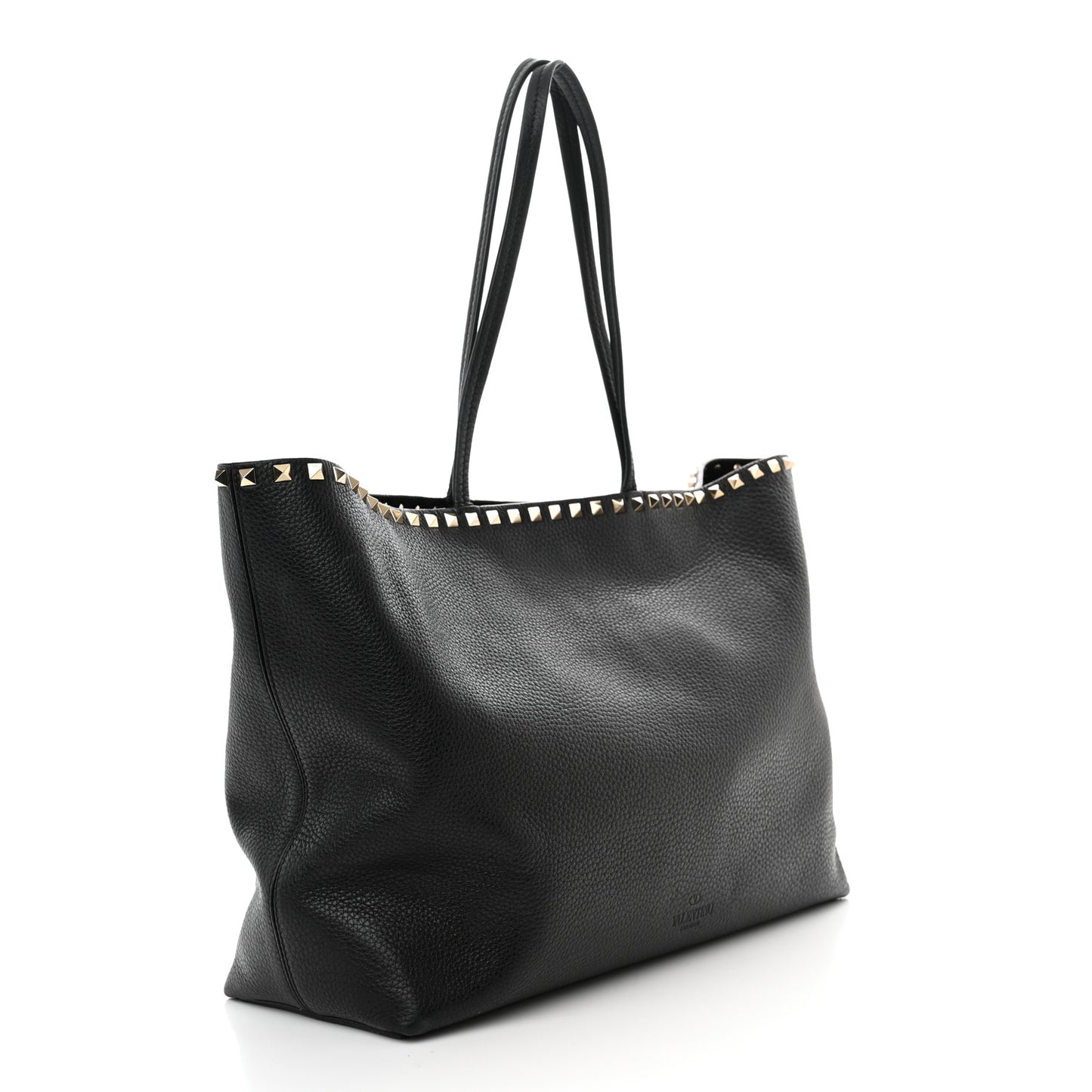 Grained Calfskin Rockstud Shoulder Tote Black