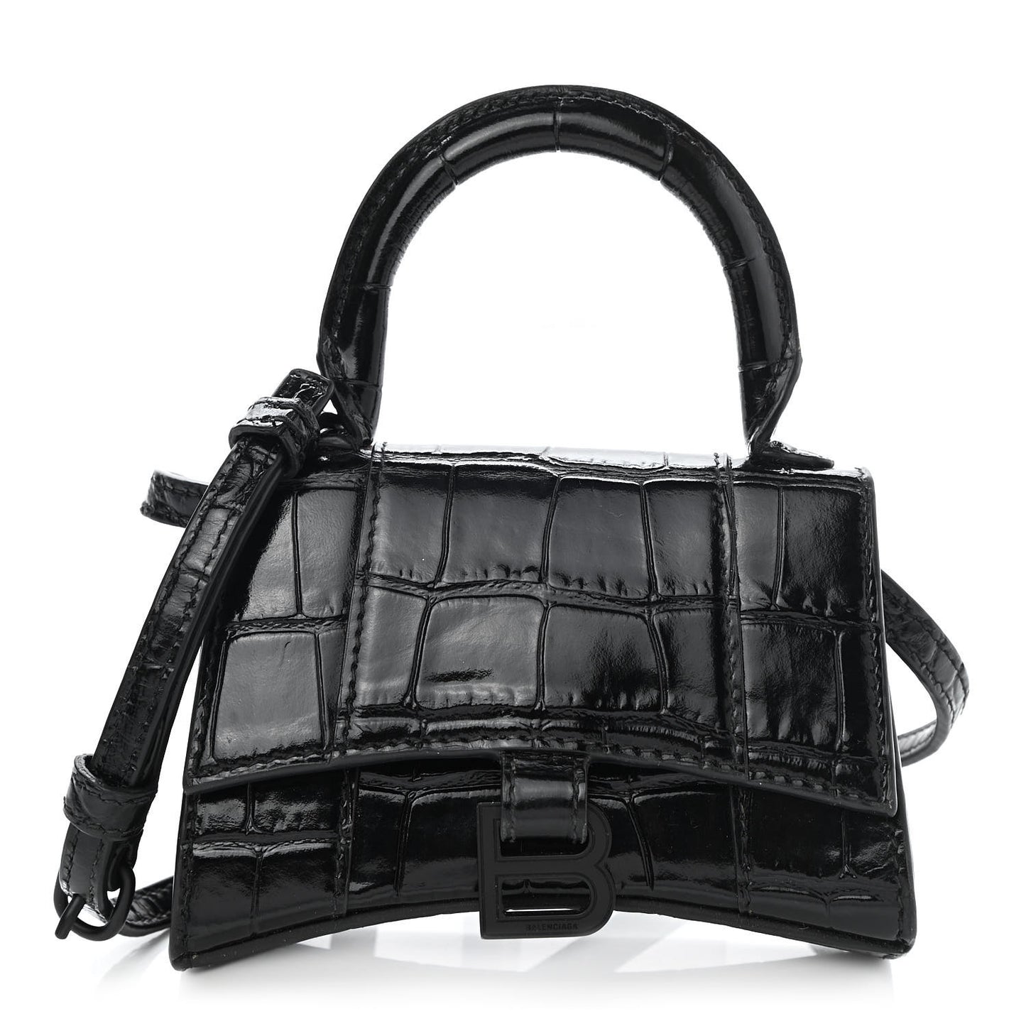 Shiny Calfskin Monochrome Crocodile Embossed Hourglass Top Handle Bag Mini Black