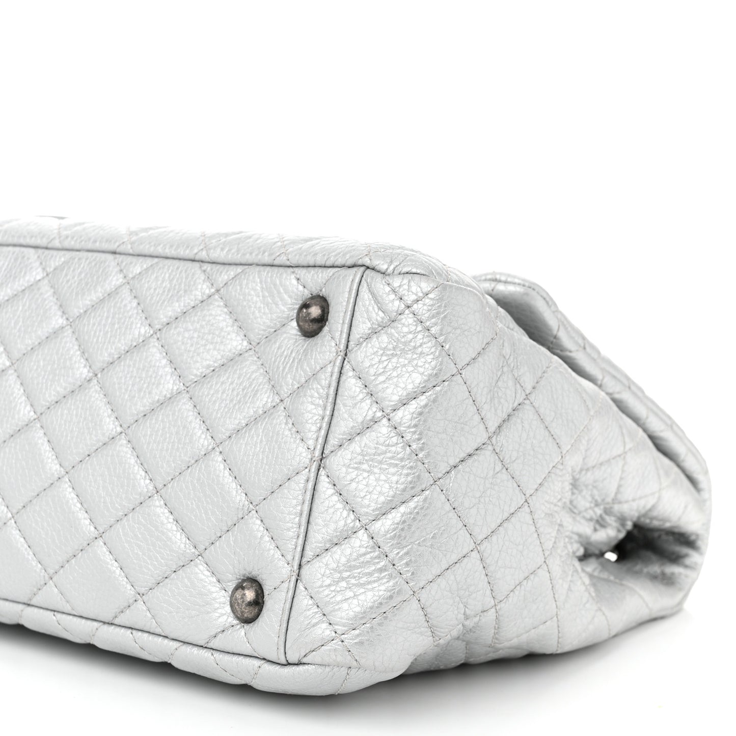 Metallic Calfskin Quilted XXL Travel Flap Bag Silver