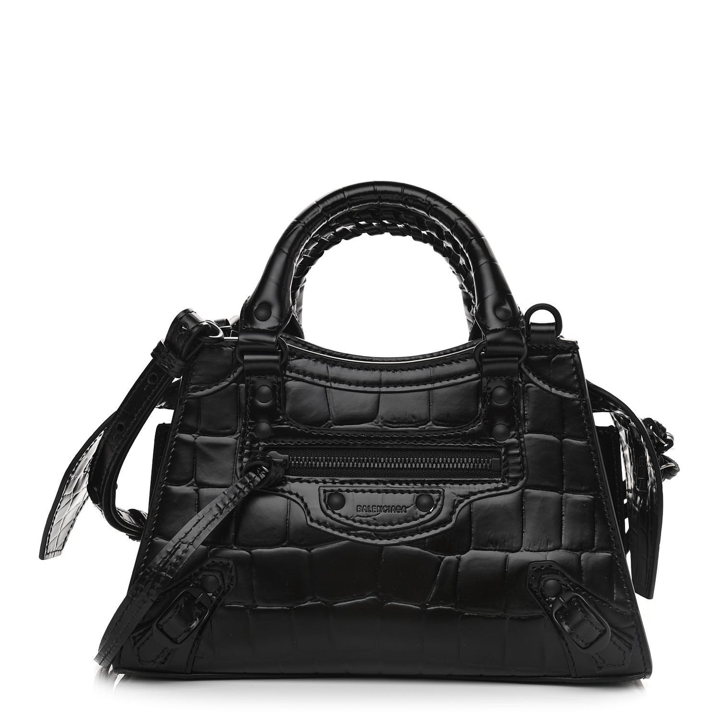 Semi Shiny Calfskin Crocodile Embossed Neo Classic Black Hardware Mini City Black
