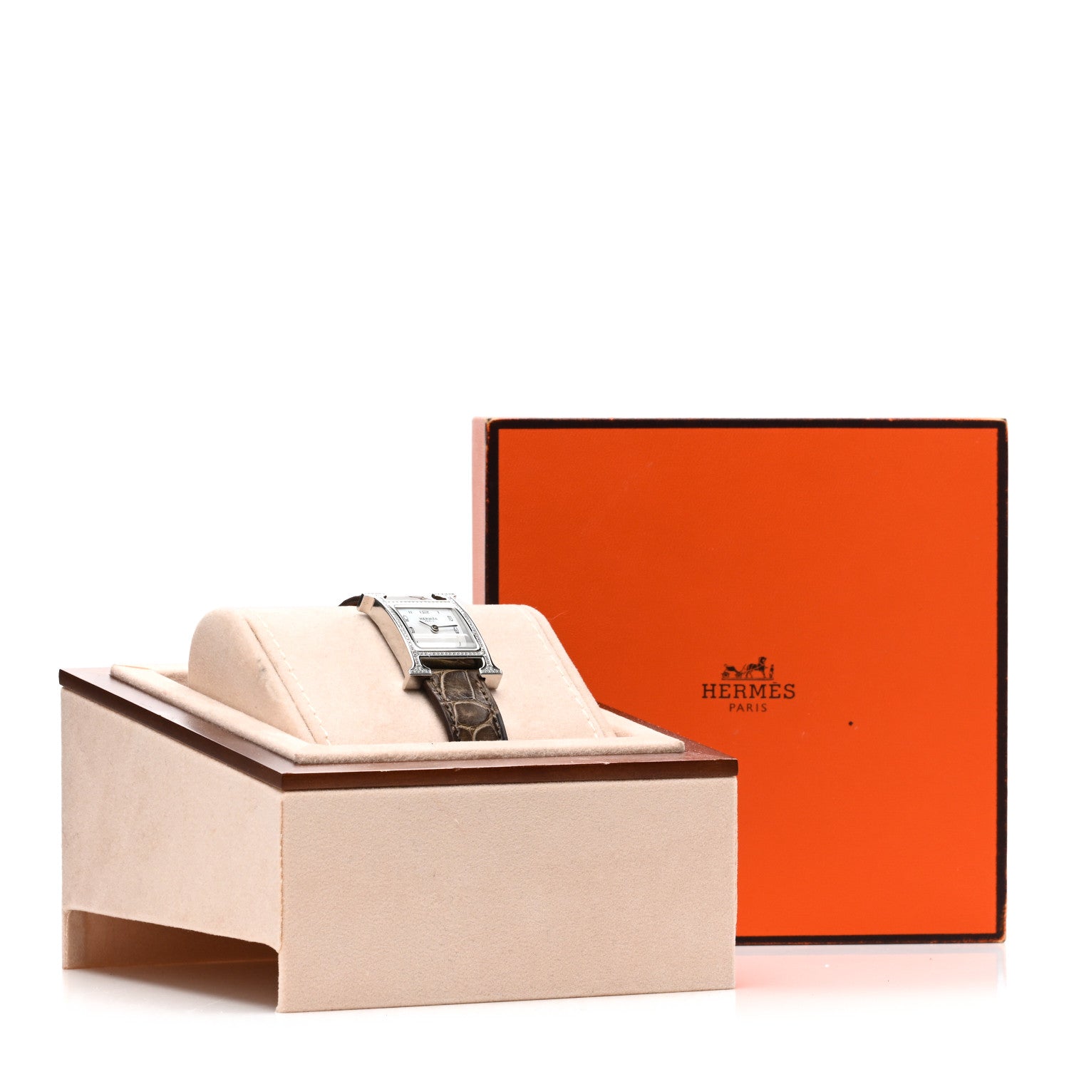 Hermes Stainless Steel Alligator Diamond Bezel Mother of Pearl 21mm Heure H Hour Quartz Watch Gris Elephant 5 of 5