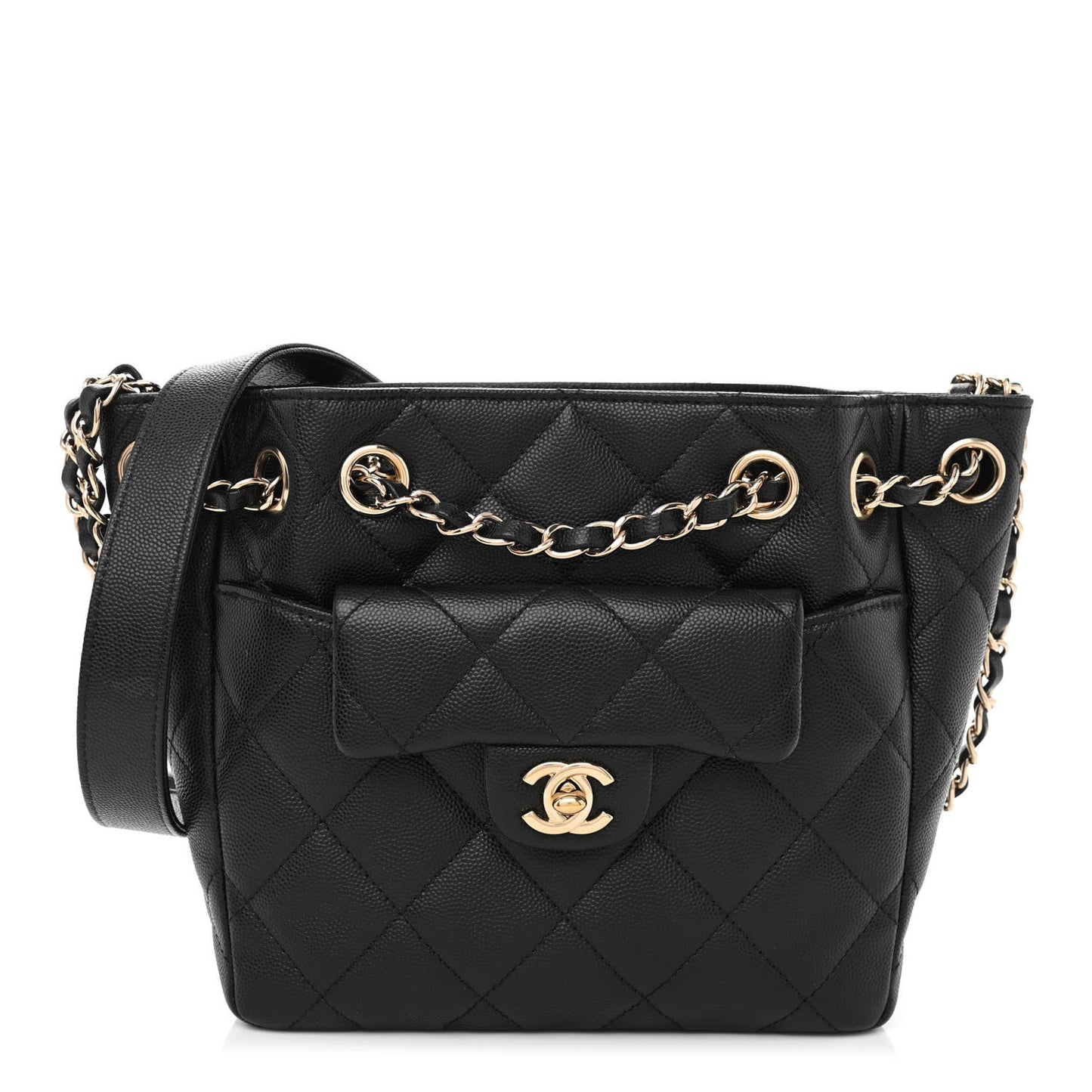 Caviar Quilted Flap Bucket Bag Black