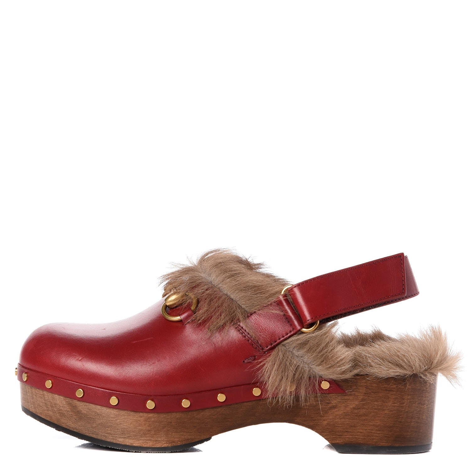 Gucci Calfskin Fur Horsebit Amstel Slingback Clogs 37.5 Rosso