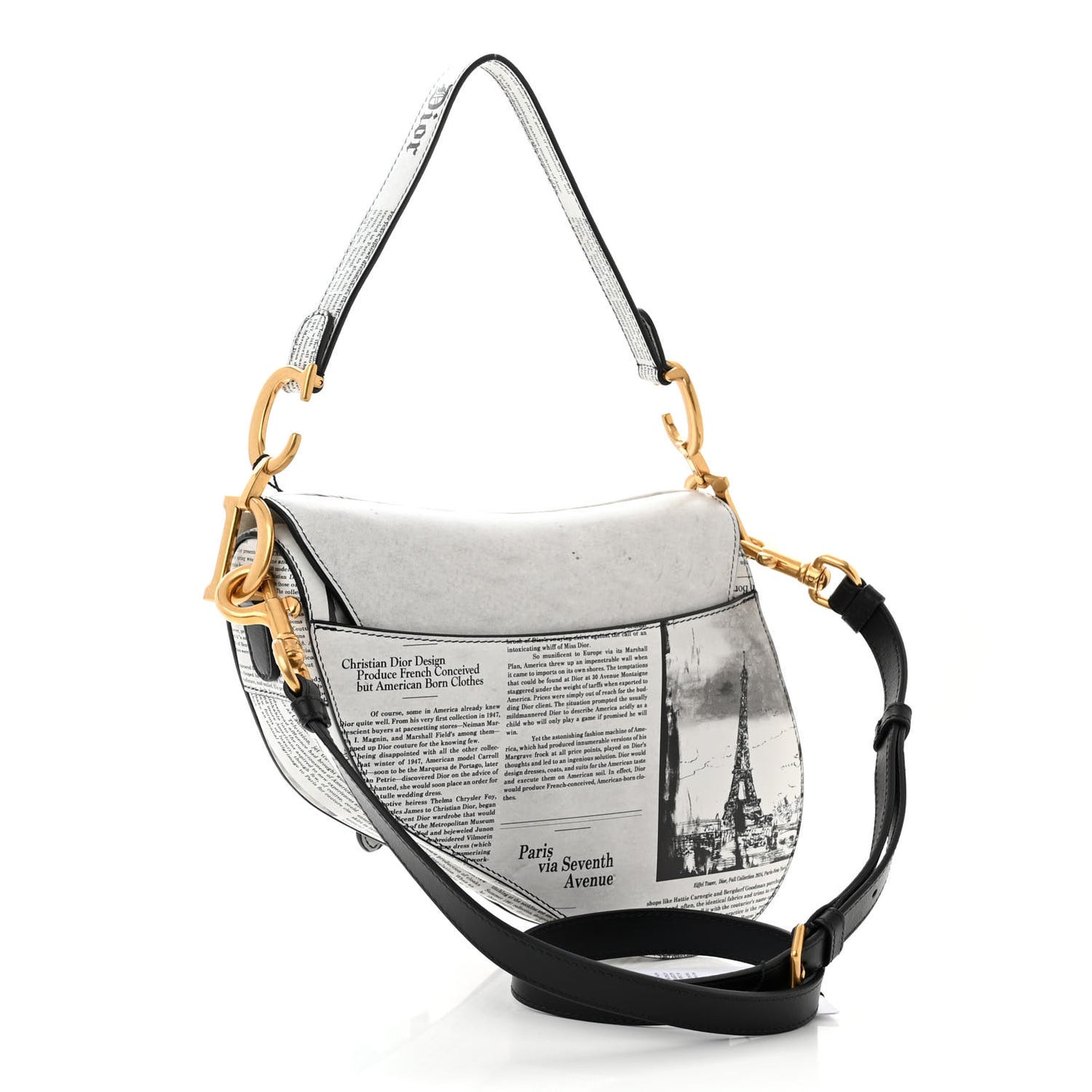 Calfskin Newspaper Printed Saddle Bag With Strap Black White