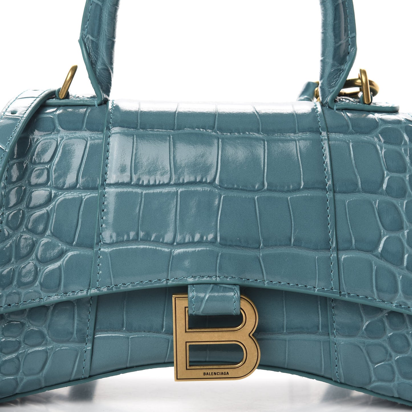Shiny Calfskin Crocodile Embossed Hourglass Top Handle Bag XS Dark Turquoise