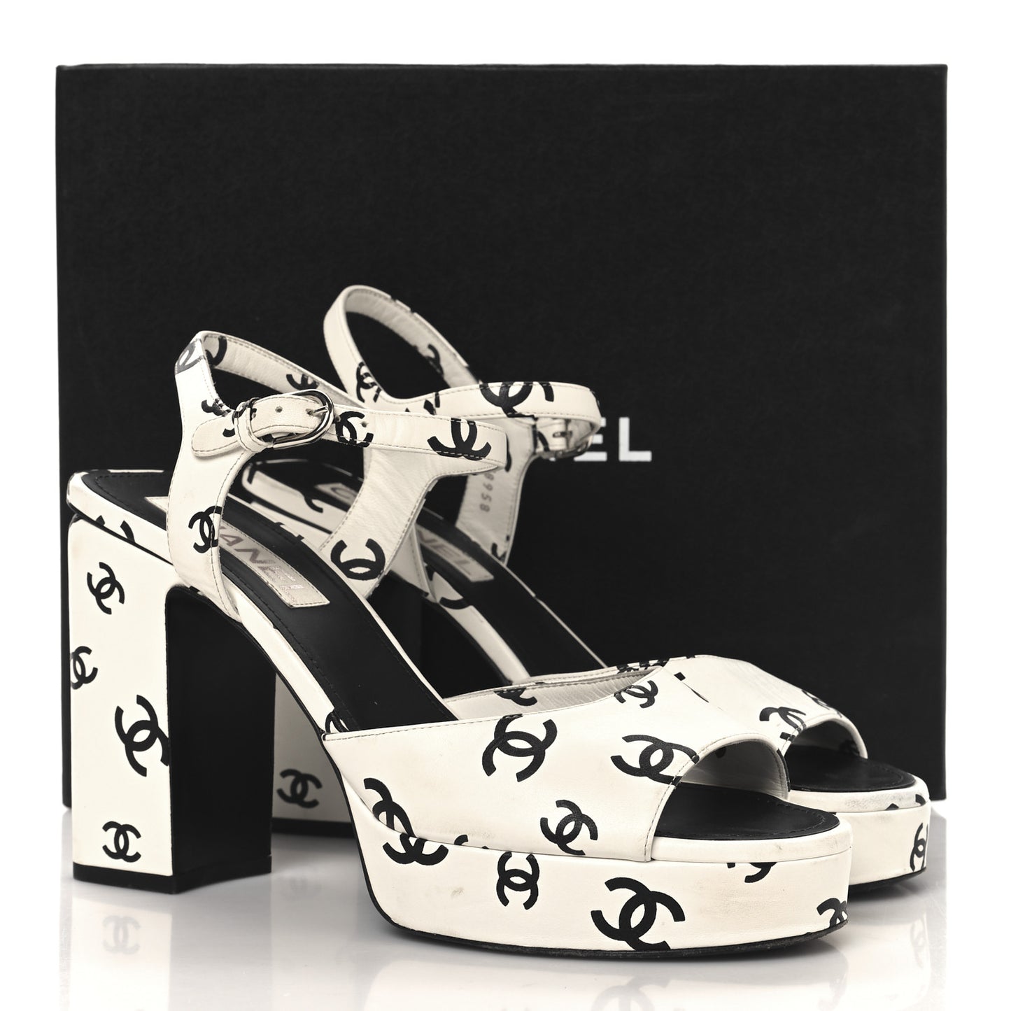 Printed Lambskin CC Platform Sandals 40.5 White Black
