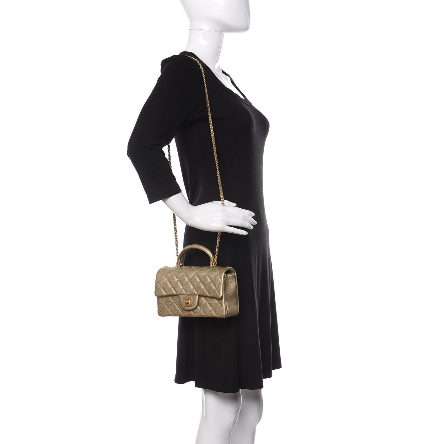 Metallic Caviar Quilted Mini Top Handle Rectangular Flap Gold