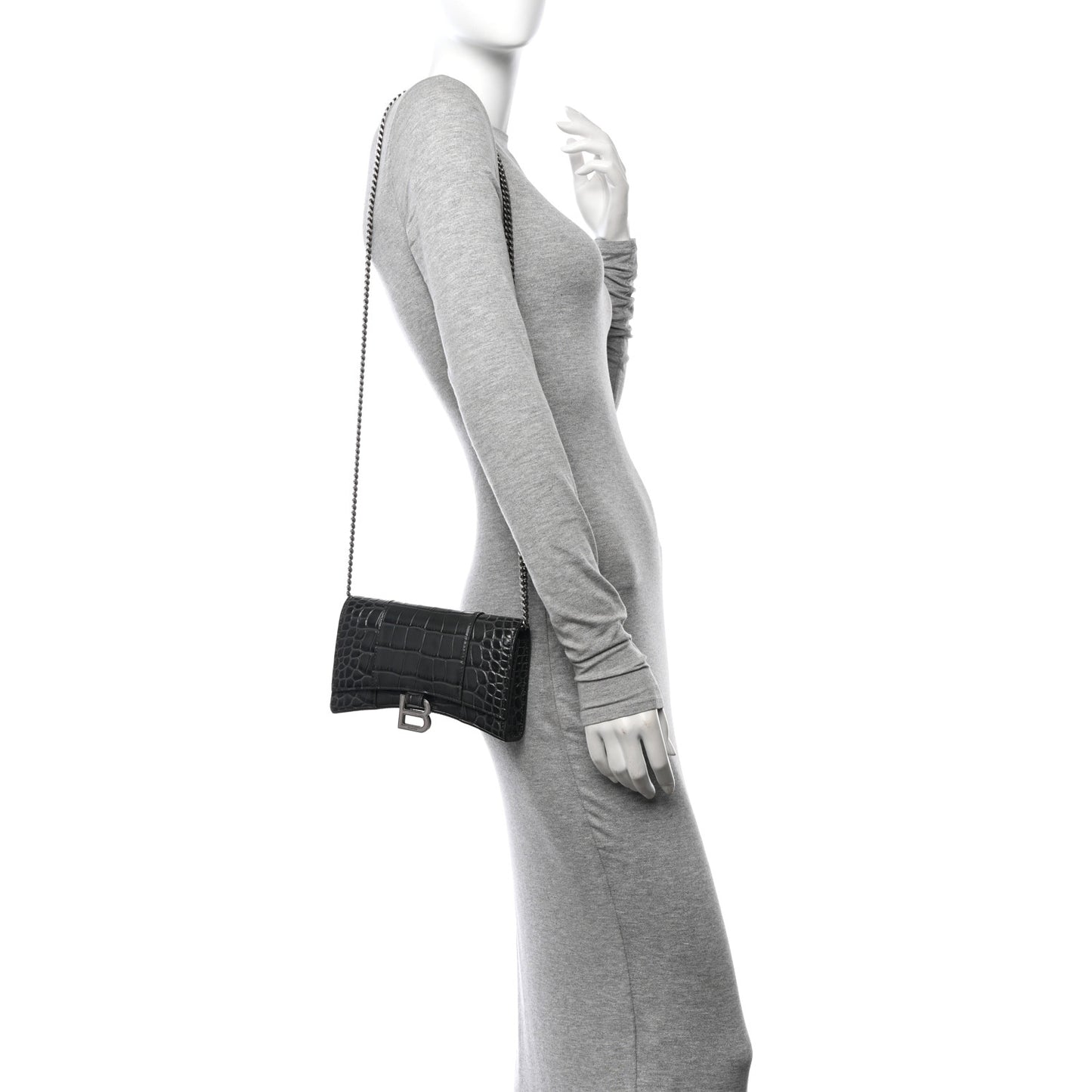 Shiny Calfskin Crocodile Embossed Hourglass Chain Bag Gris