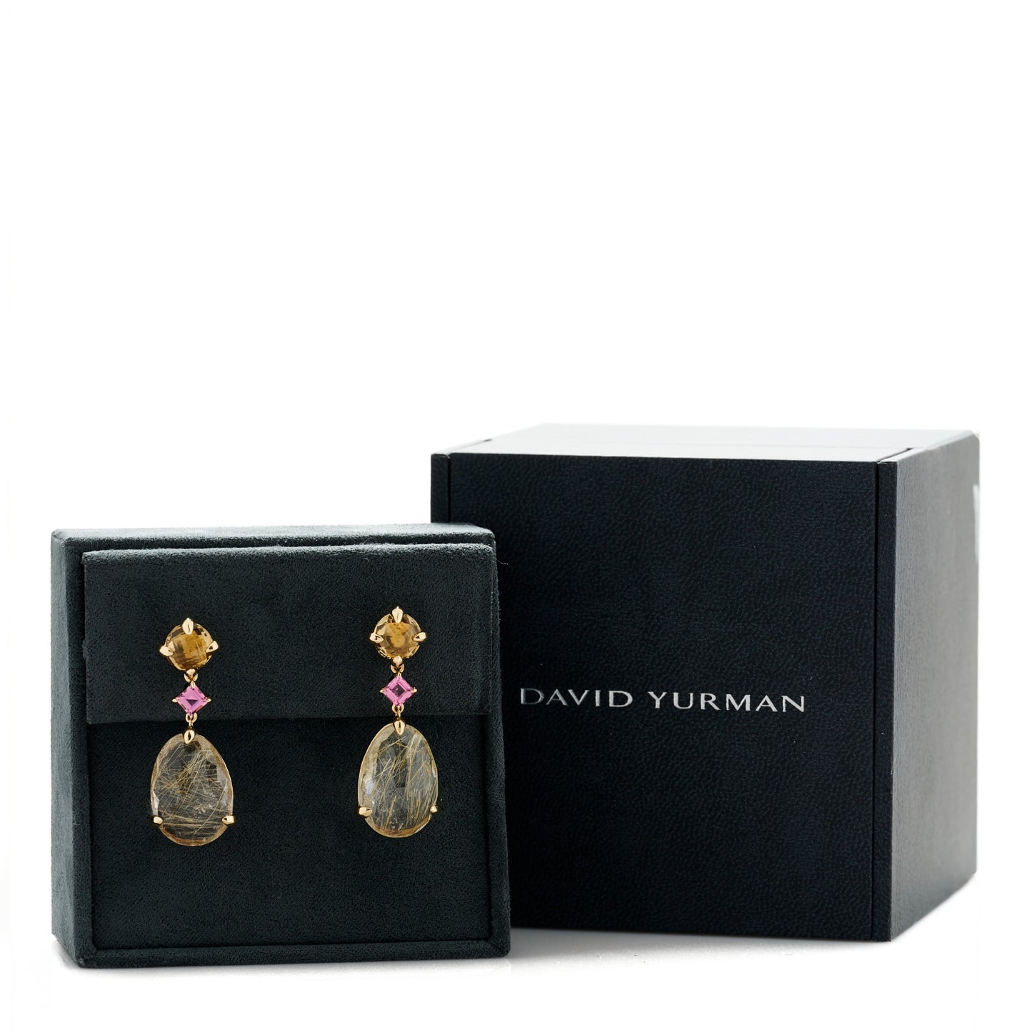 18K Yellow Gold Rutilated Quartz Pink Tourmaline Citrine Chatelaine Drop Earrings