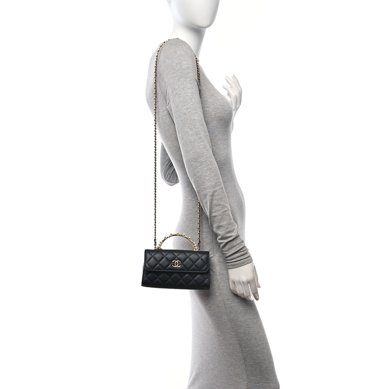 Chanel Lambskin Pearl Crystal Quilted Pearly Girl Handle Flap Phone Holder With Chain Black 2 of 12