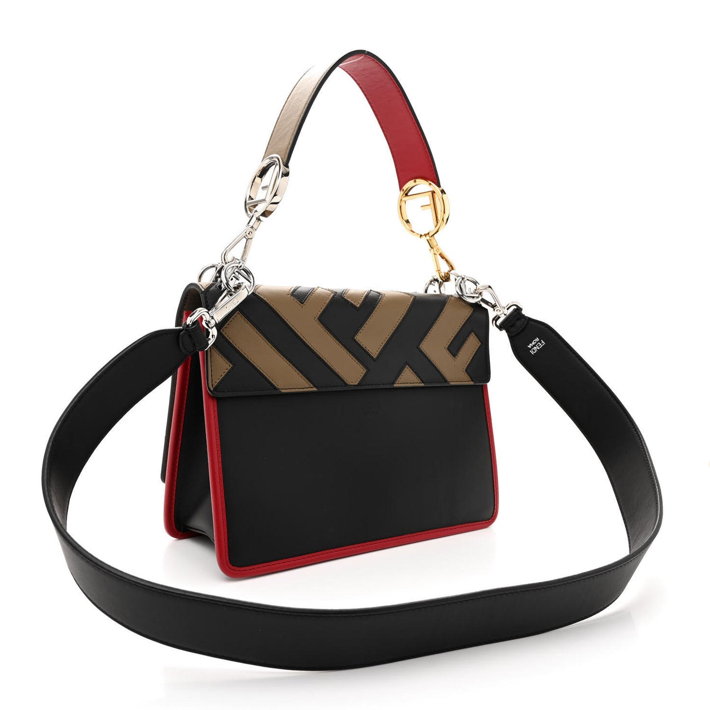 Vitello Century F is Fendi FF Diagonal Inlay Kan I Shoulder Bag Fango Black Fragola