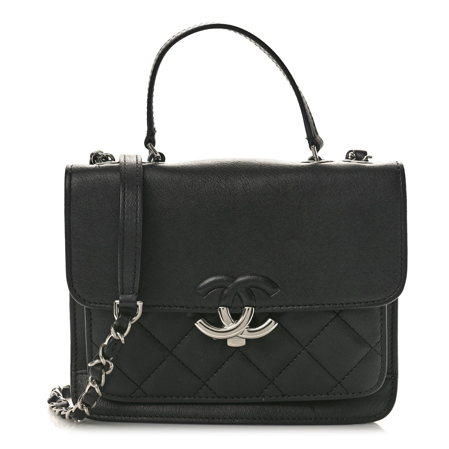 Grained Calfskin Quilted Small CC Box Top Handle Flap Black