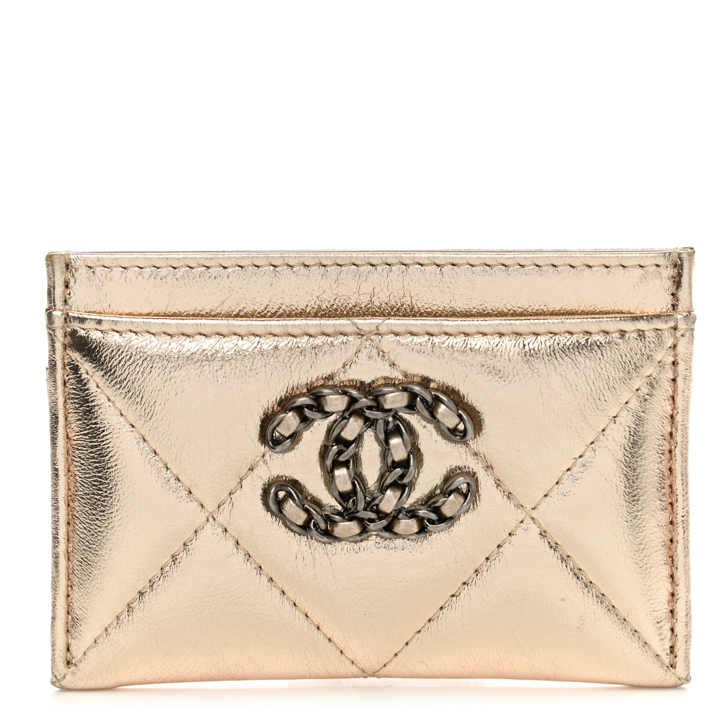 Metallic Lambskin Quilted Chanel 19 Card Holder Gold