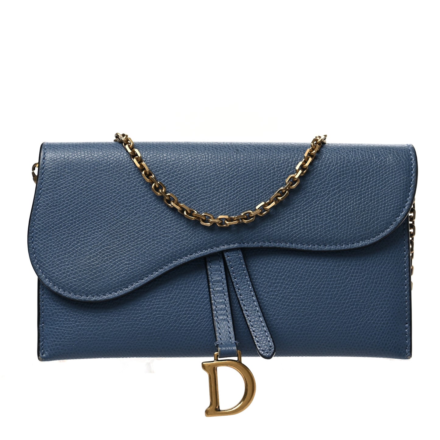 Grained Calfskin Saddle Chain Wallet Pouch Denim