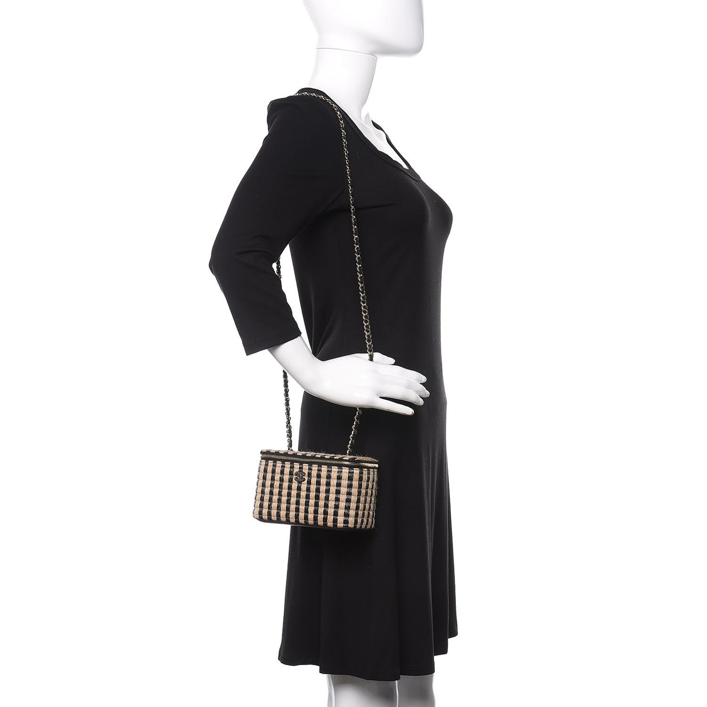 Raffia Jute Striped Small Vanity Case With Chain Black Beige