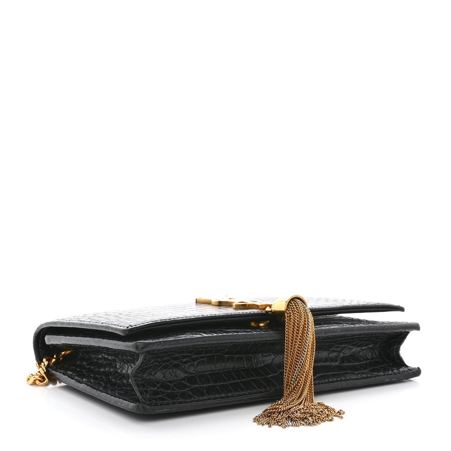 Saint Laurent Calfskin Crocodile Embossed Kate Monogram Tassel Chain Wallet Black 4 of 13