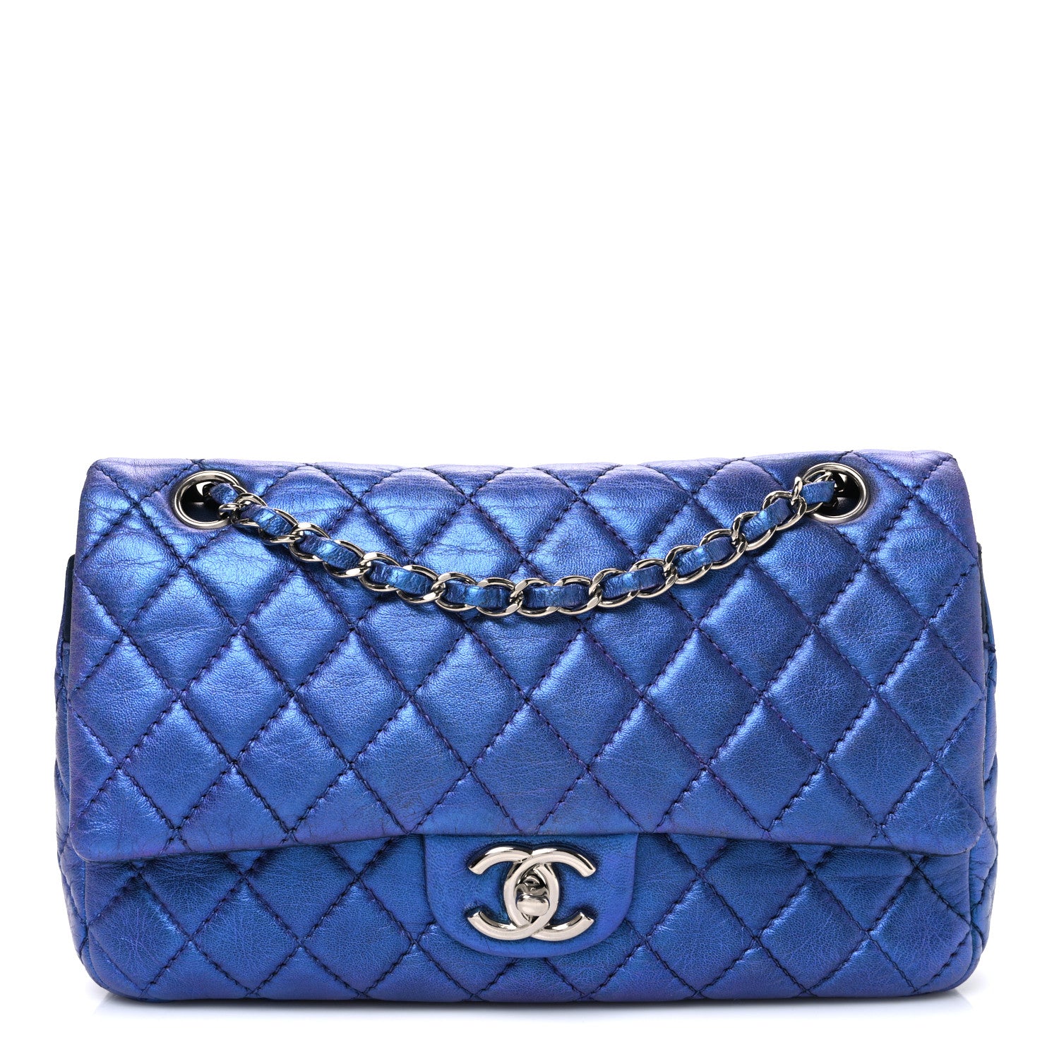 Chanel Metallic Lambskin Quilted Medium Double Flap Turquoise
