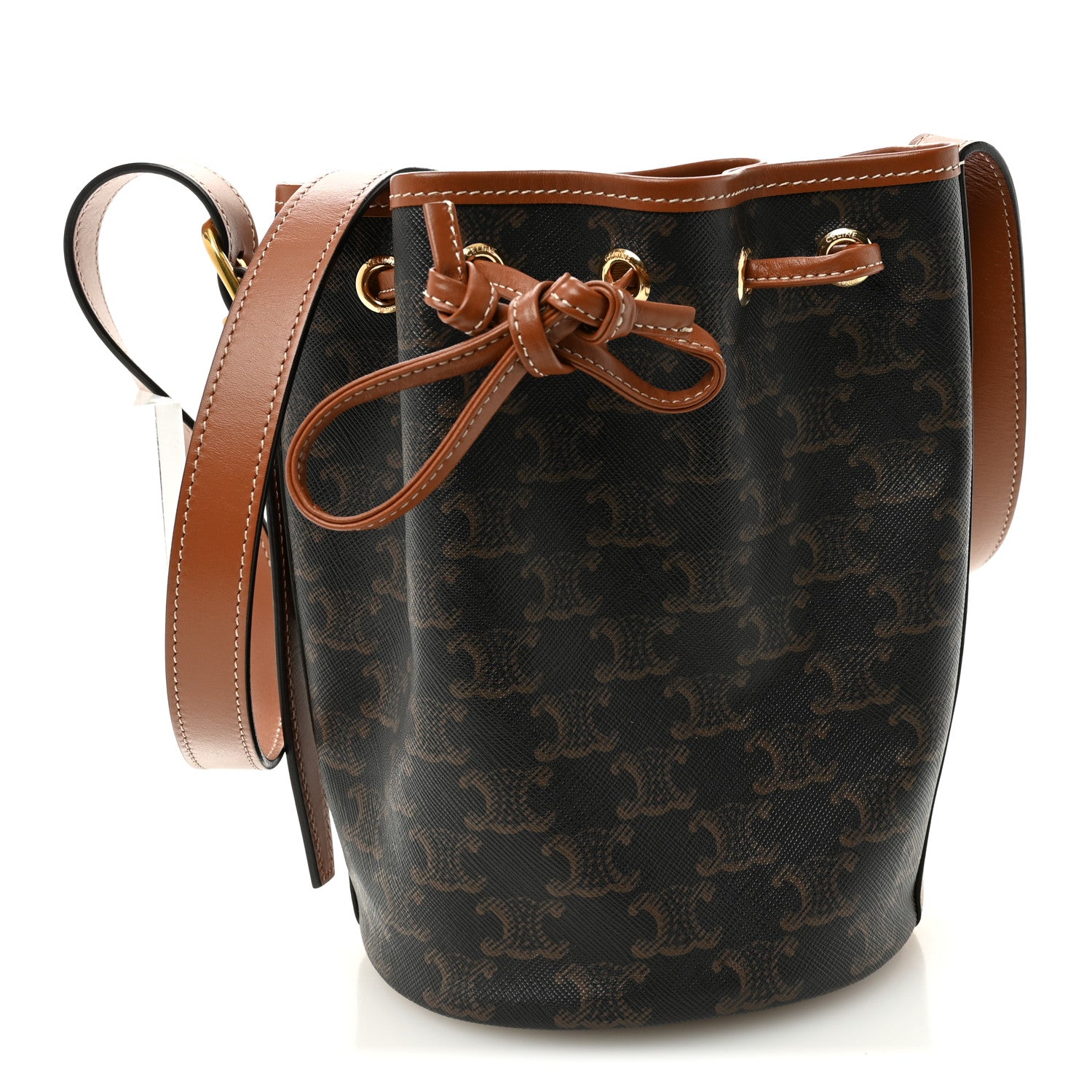 Celine Triomphe Canvas Calfskin Small Drawstring Bucket Bag Tan