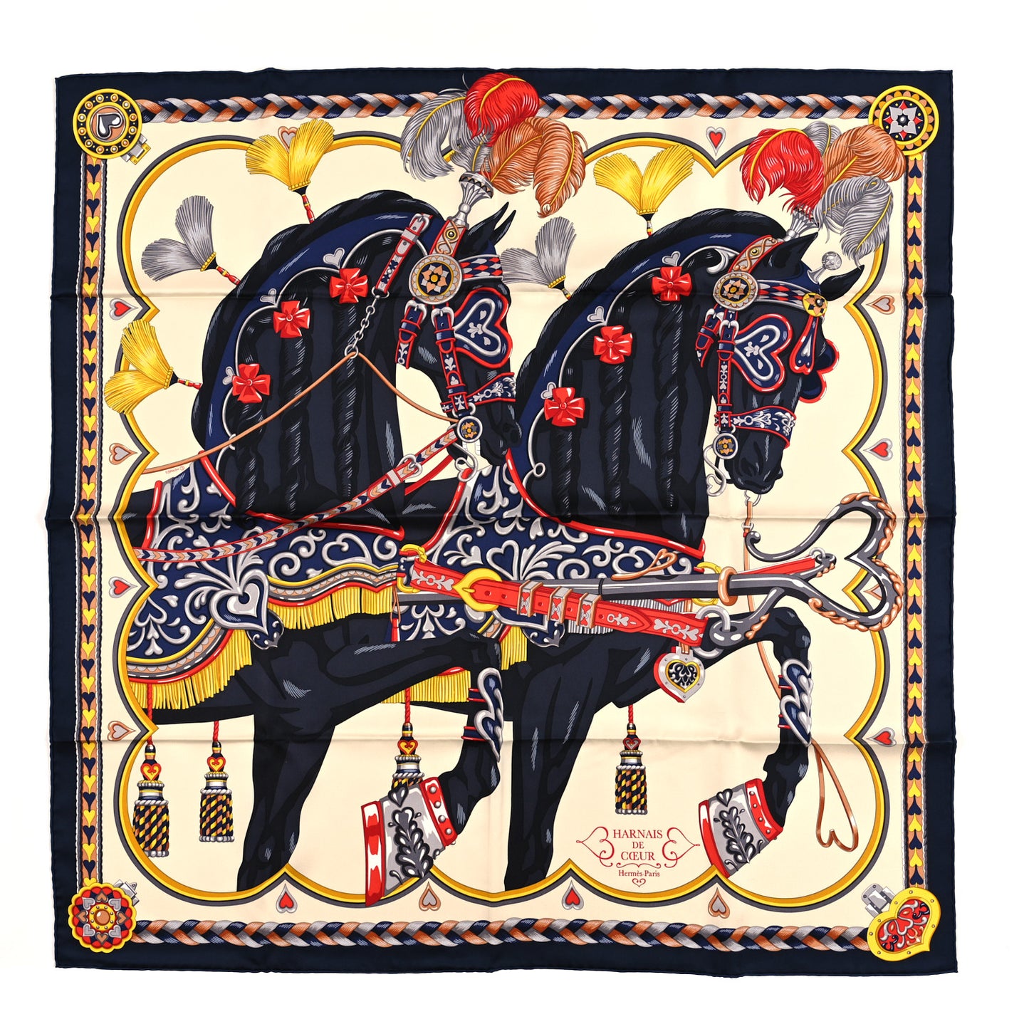 Silk Harnais De Coeur Scarf 90 Bleu Black Creme Anthracite
