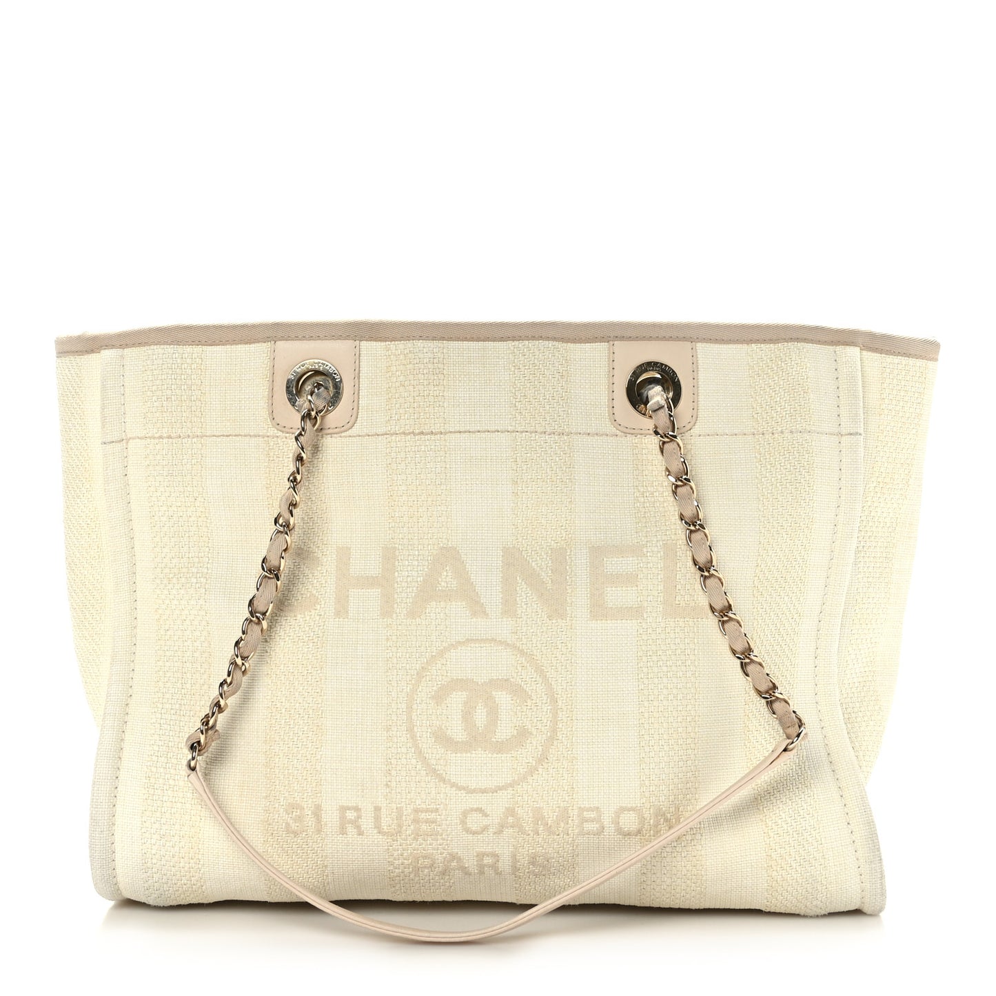 Straw Raffia Calfskin Striped Small Deauville Tote Beige