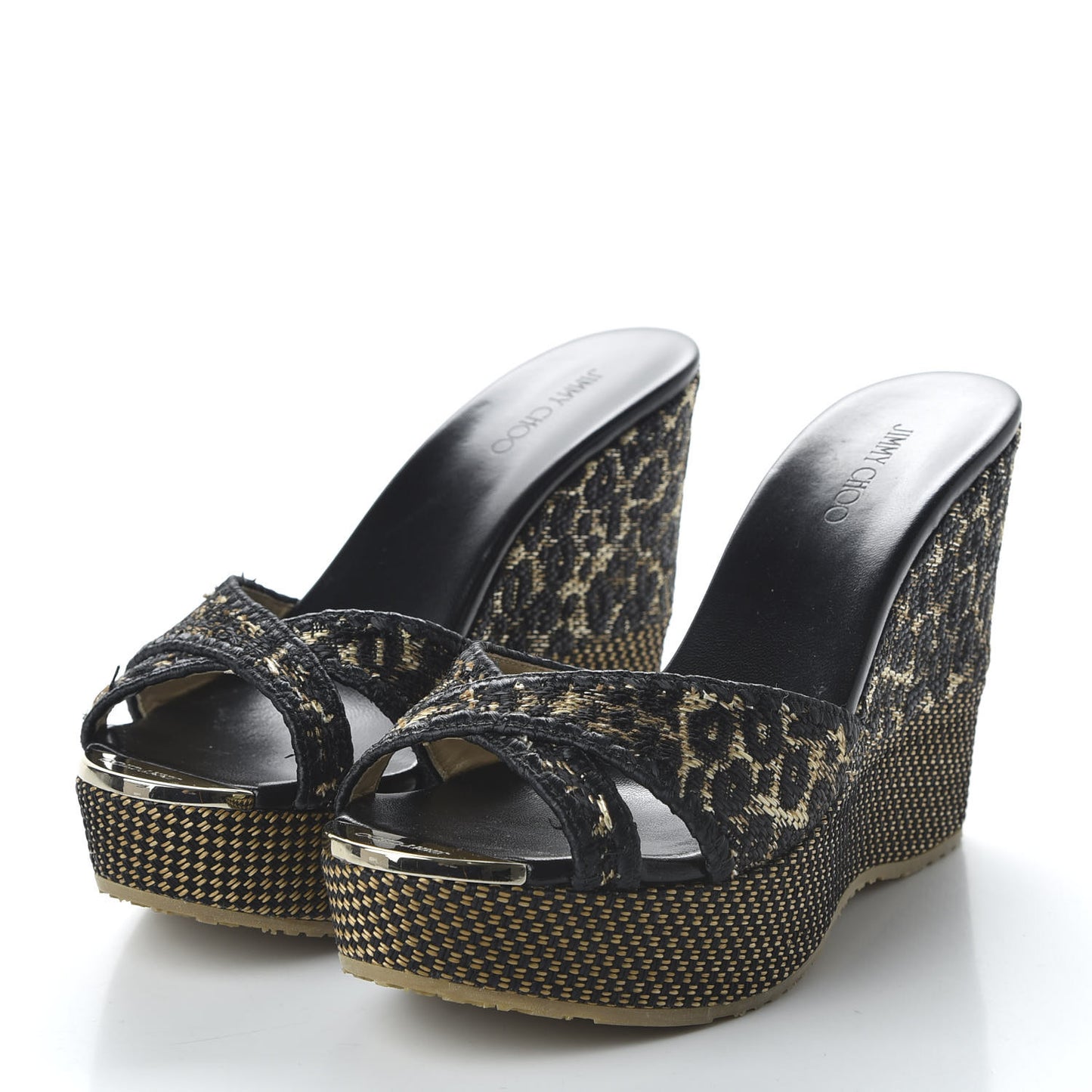 Woven Raffia Leopard Print Perfume Wedge Sandals 39.5 Natural Black