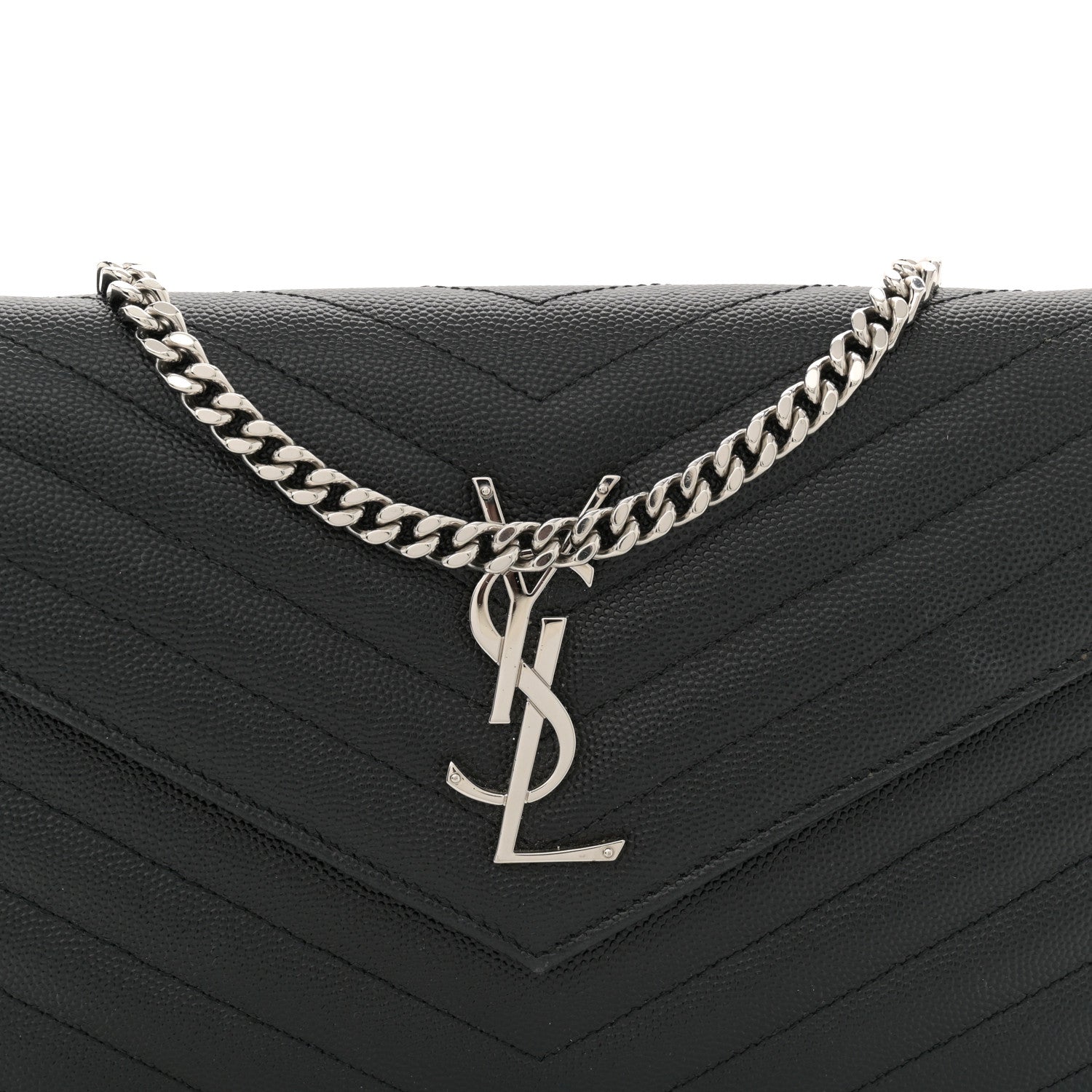 Saint Laurent Grain De Poudre Matelasse Chevron Monogram Chain Wallet Black 8 of 12