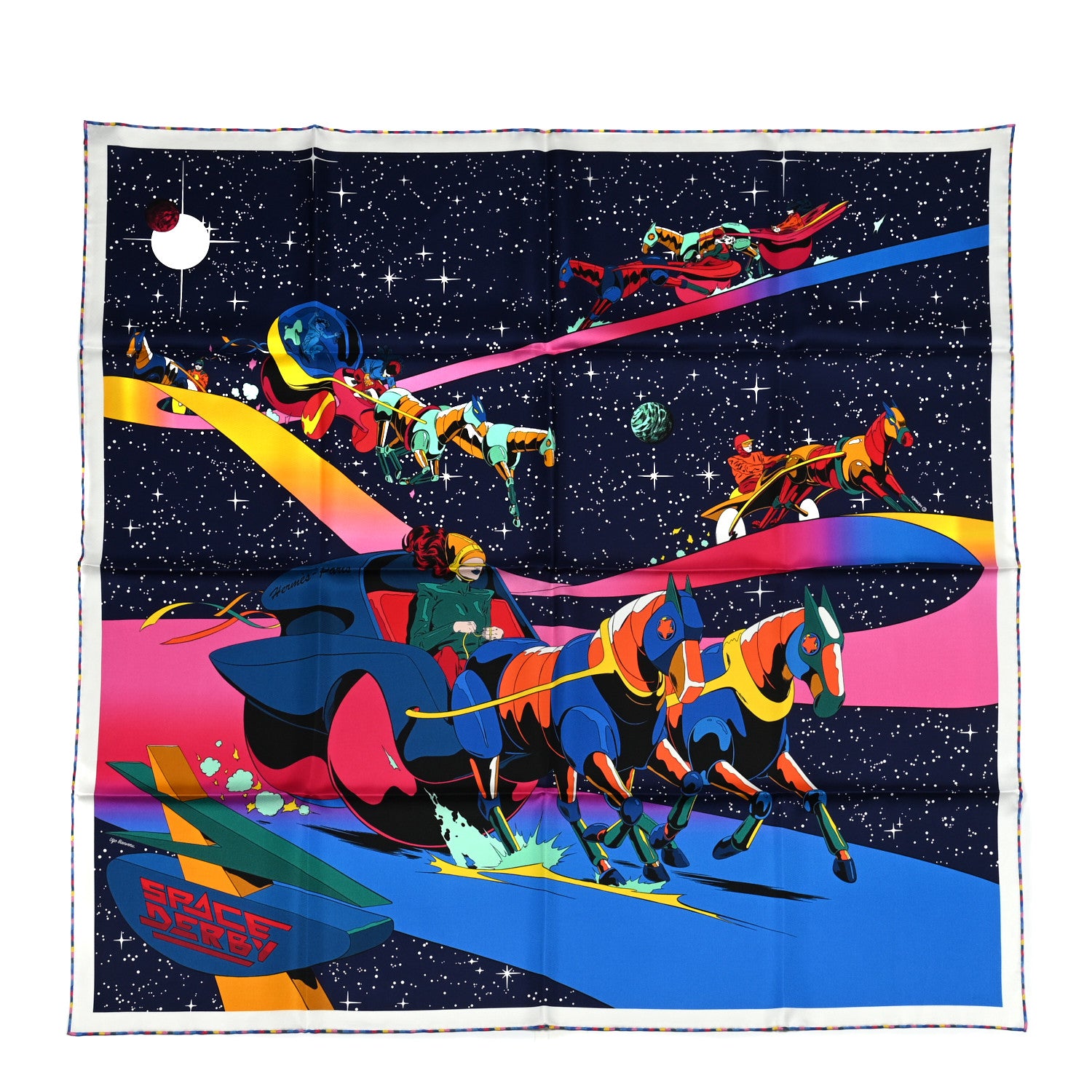 Hermes Silk Space Derby Scarf 90 Marine Rose Vif Multicolor