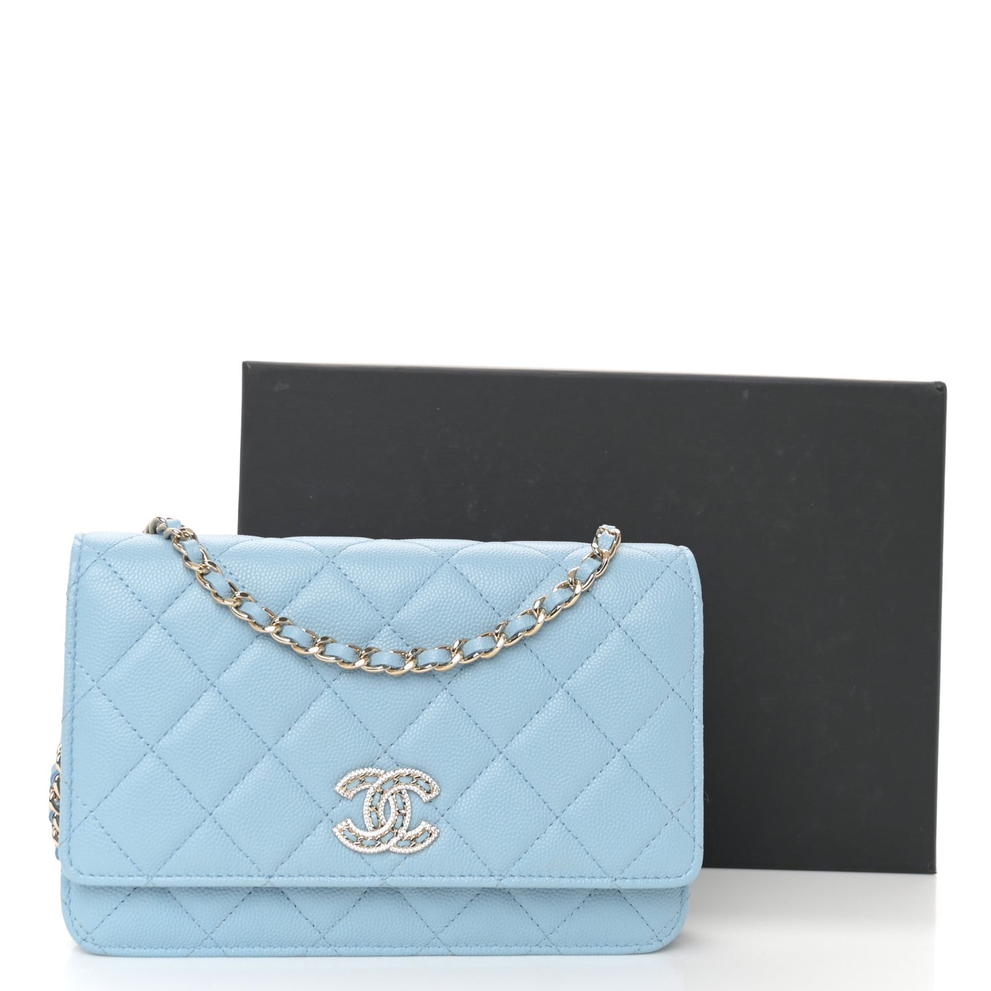Caviar Quilted Crystal CC Wallet On Chain WOC Light Blue