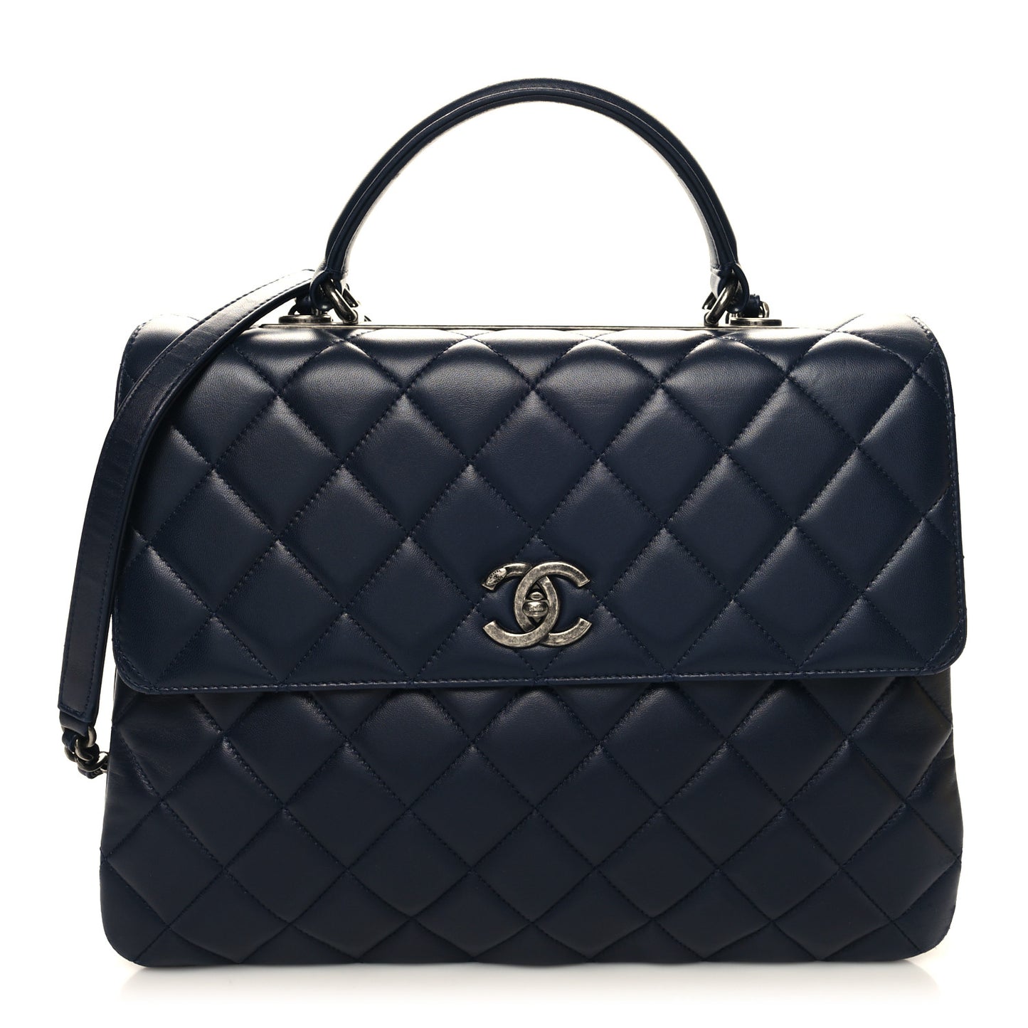 Lambskin Quilted Large Trendy CC Flap Dual Handle Bag Navy Blue
