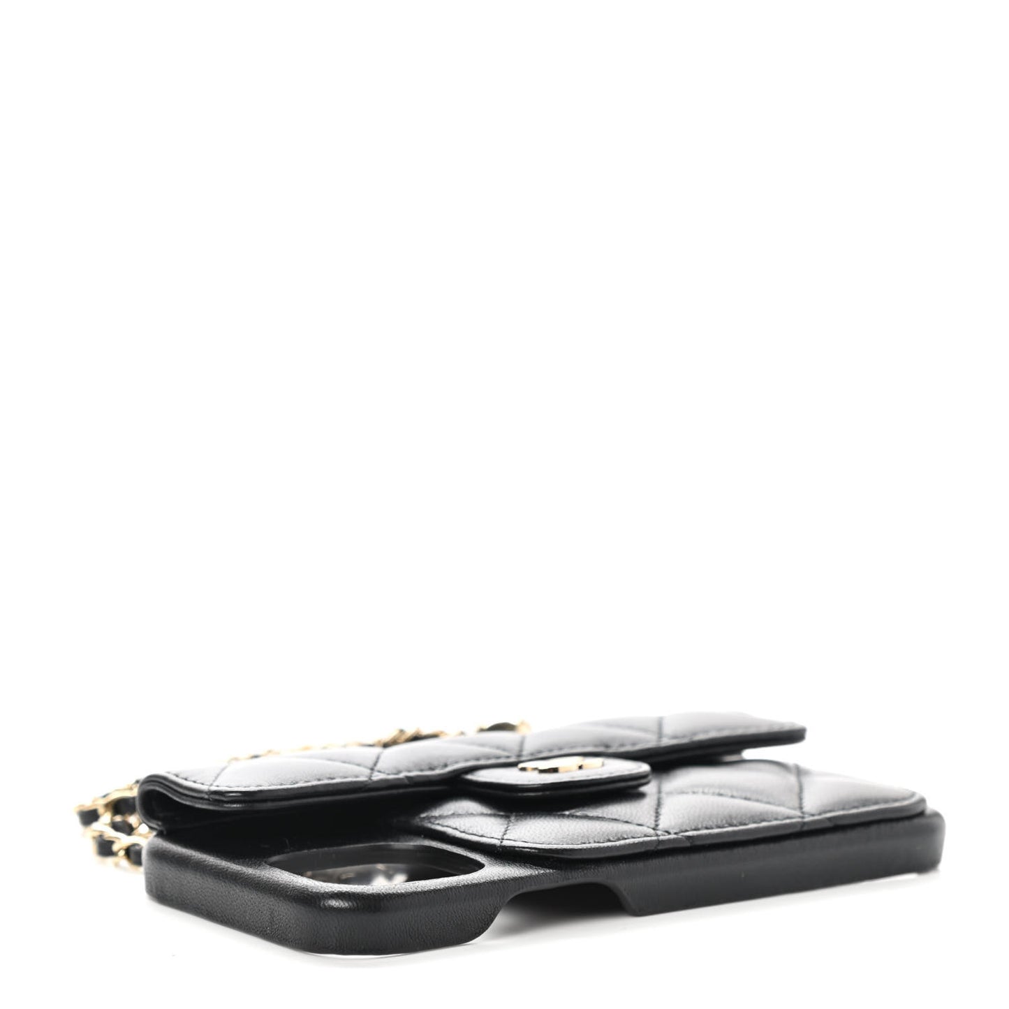 Lambskin Quilted Pearl Crush iPhone XII Pro Holder With Chain Black