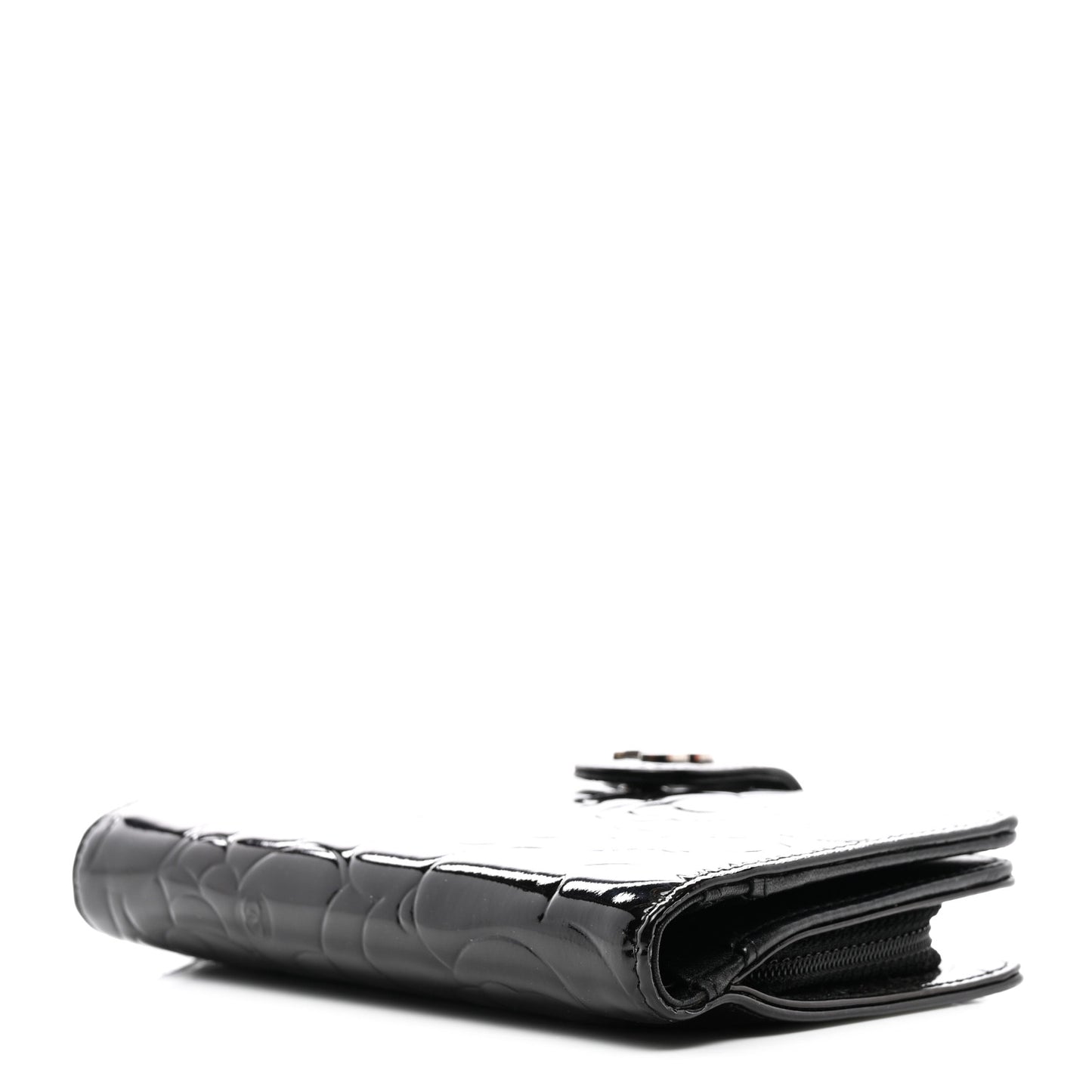 Patent Camellia Embossed Zipped Pocket Wallet Black
