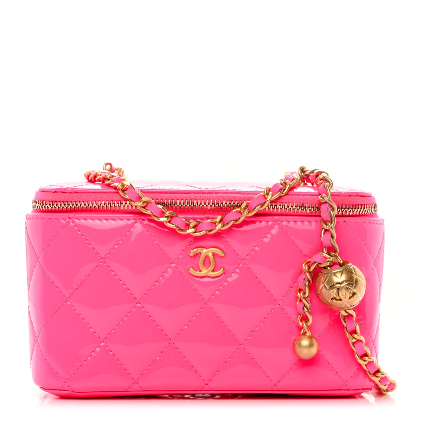 Patent Quilted Pearl Crush Small Vanity Case With Chain Neon Pink