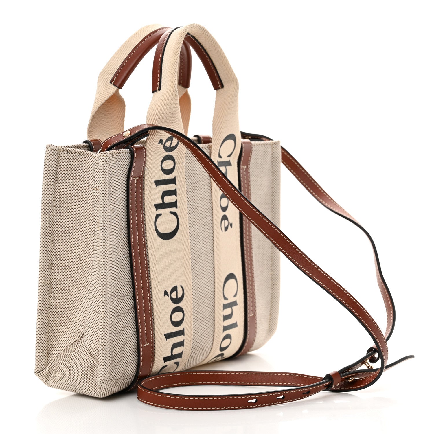 Chloe Cotton Calfskin Small Woody Ribbon Tote With Strap White Brown 3 of 13