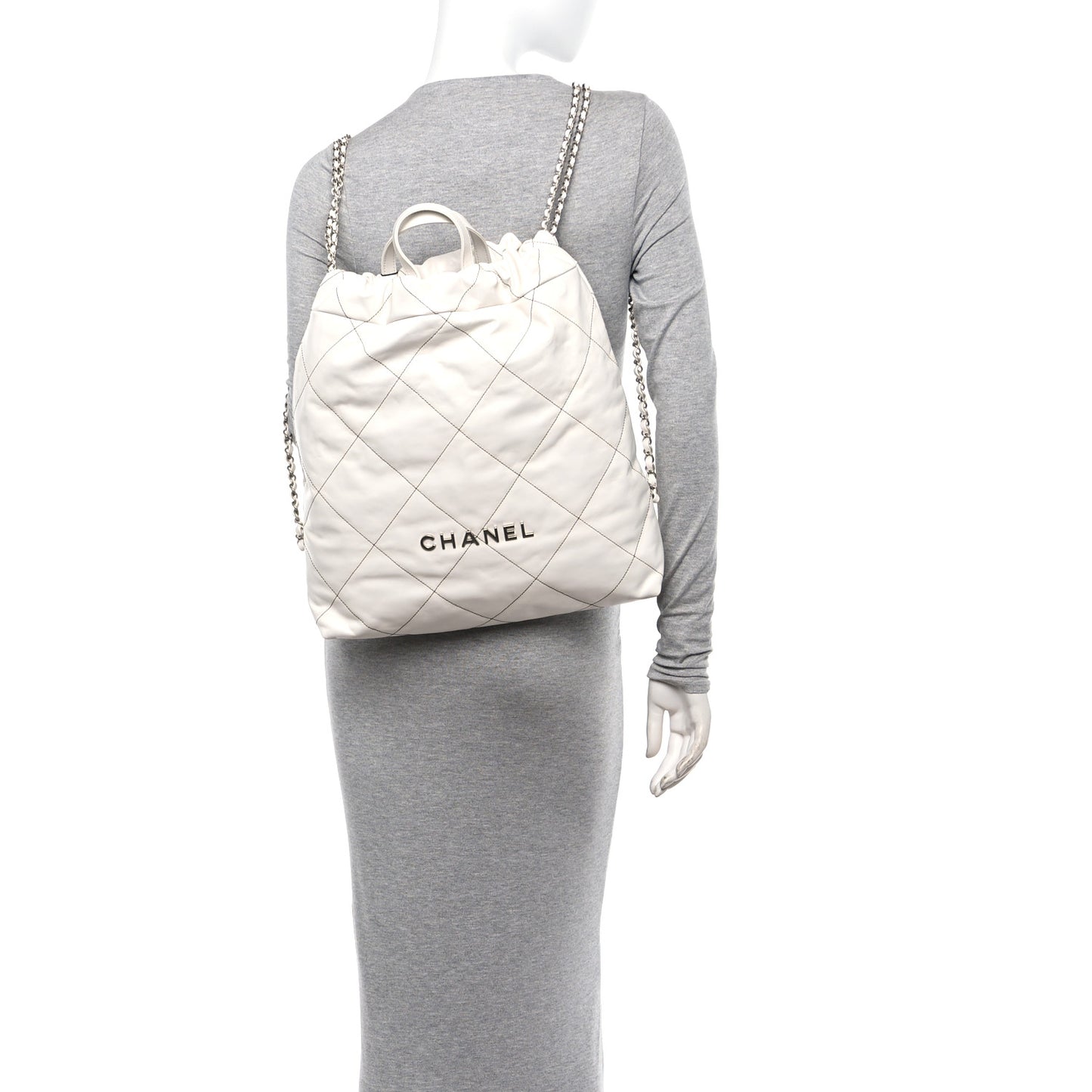 Shiny Calfskin Quilted Chanel 22 Backpack White Black
