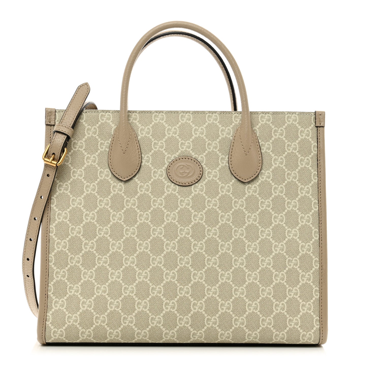 GG Supreme Monogram Textured Dollar Calfskin Small Retro Interlocking G Tote Bag Beige Mystic White Oatmeal