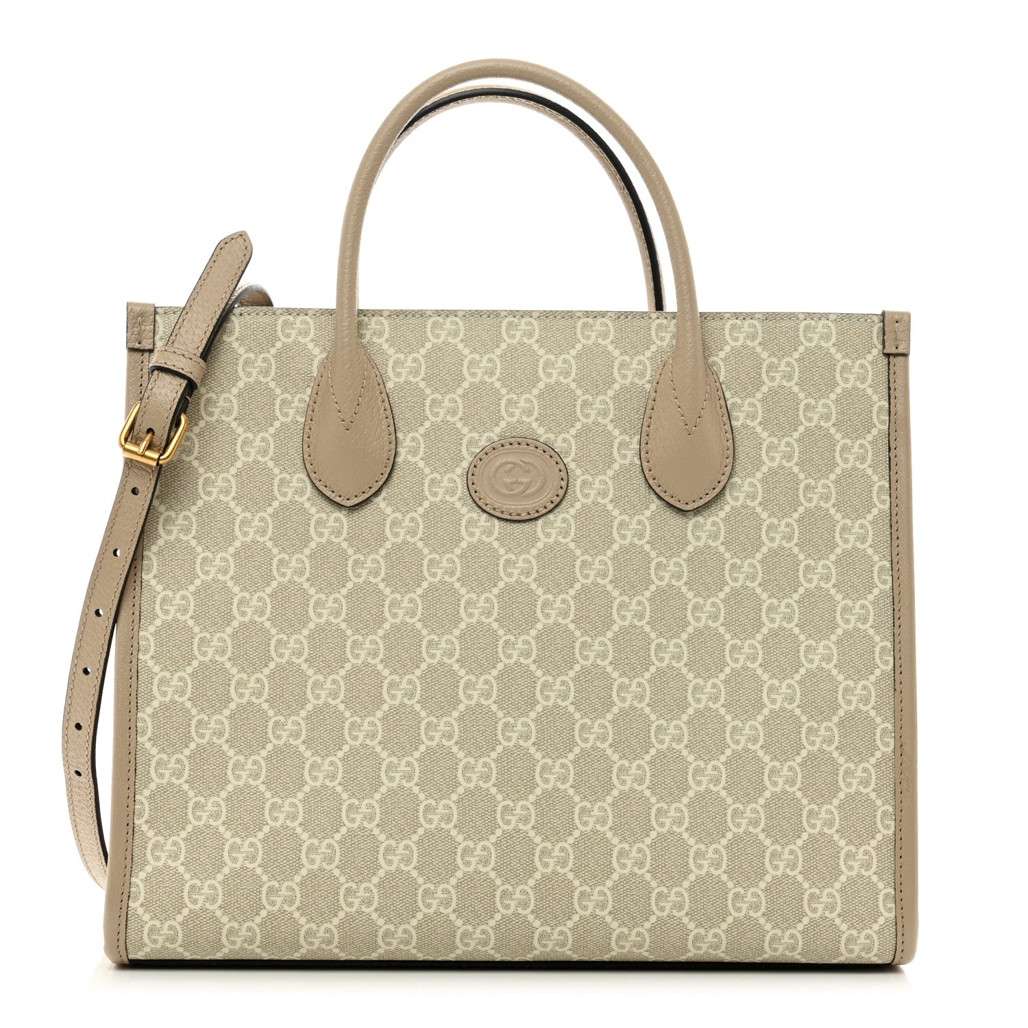 Gucci GG Supreme Monogram Textured Dollar Calfskin Small Retro Interlocking G Tote Bag Beige Mystic White Oatmeal 1 of 9
