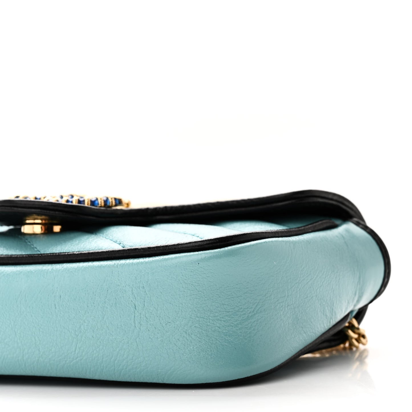Azalea Calfskin Enamel Matelasse Diagonal Super Mini Torchon GG Marmont Shoulder Bag Butter Dusty Azure Black Electric Blue