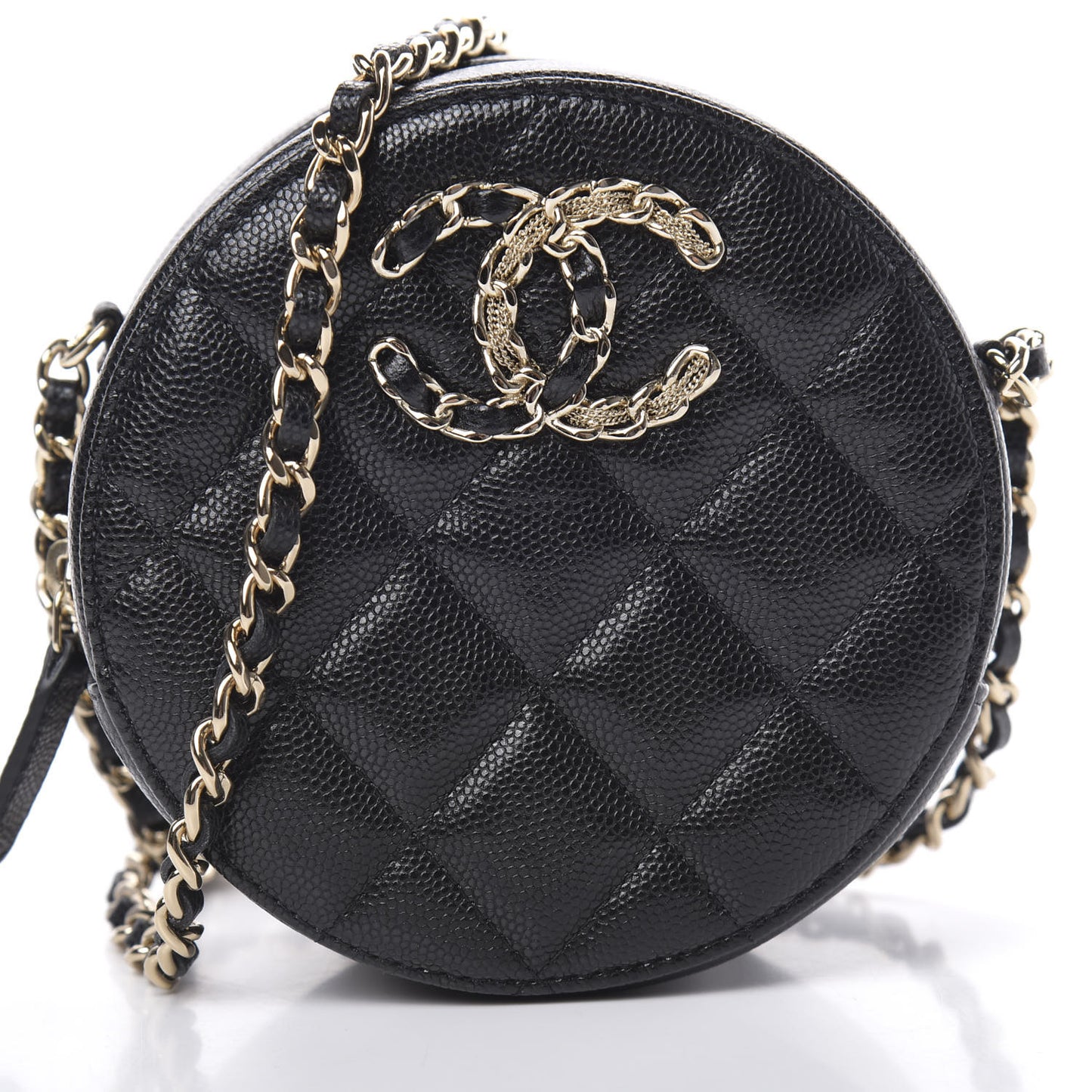 Caviar Quilted French New Wave Round Clutch With Chain Black