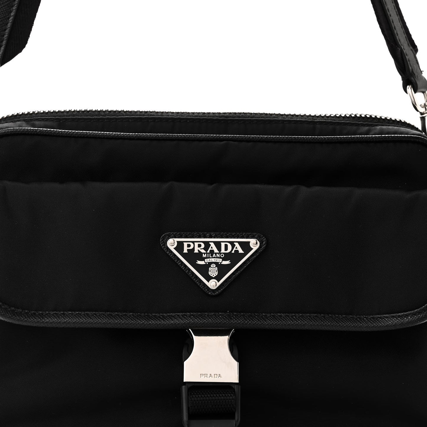 Re-Nylon Saffiano Pocket Single Snap Buckle Shoulder Bag Black