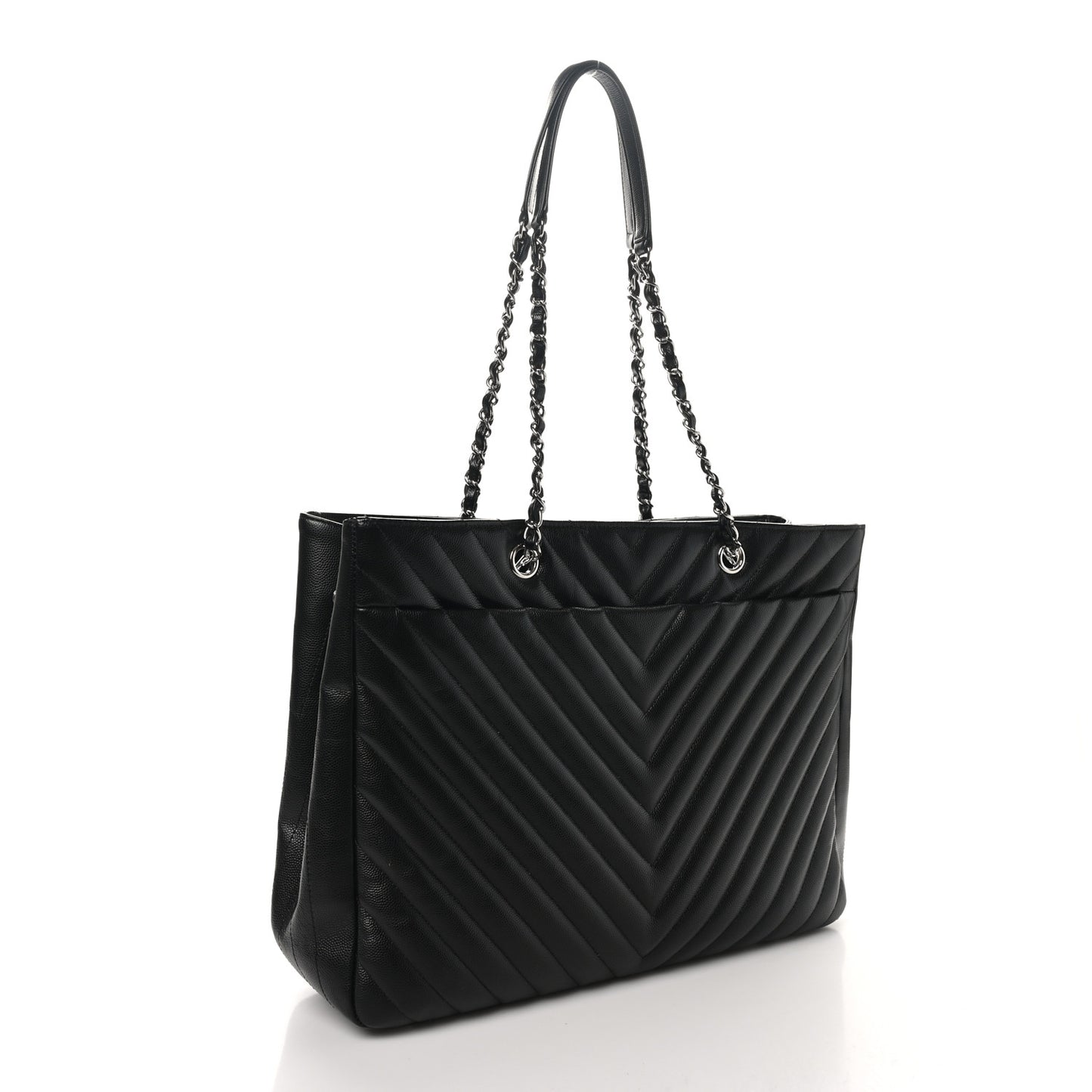 Caviar Chevron Quilted Large Shopping Tote Black